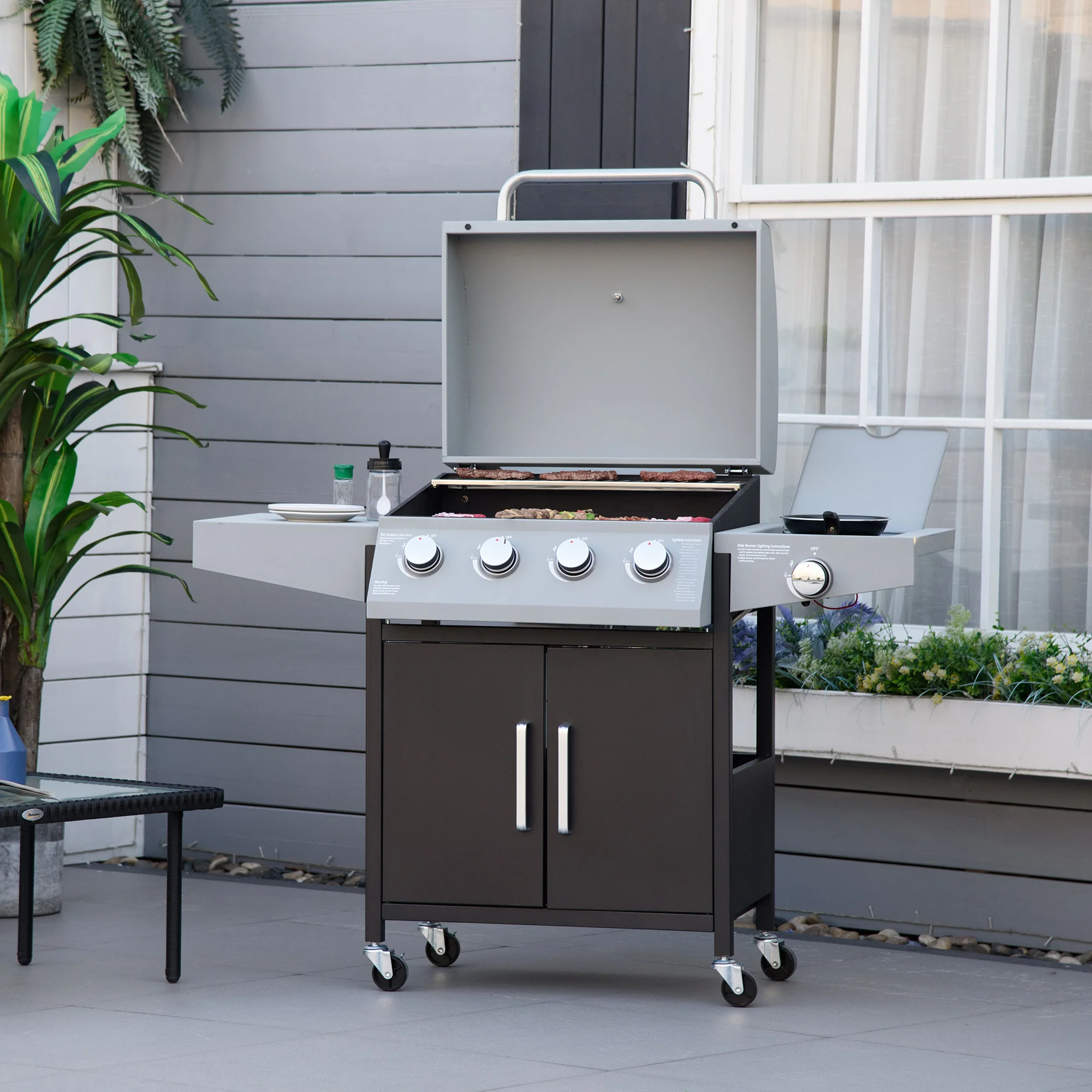 4 Burner Propane Gas Grill with Side Burner with Wheels & Storage Cabinet, 50,000 BTU, Silver - Image 3