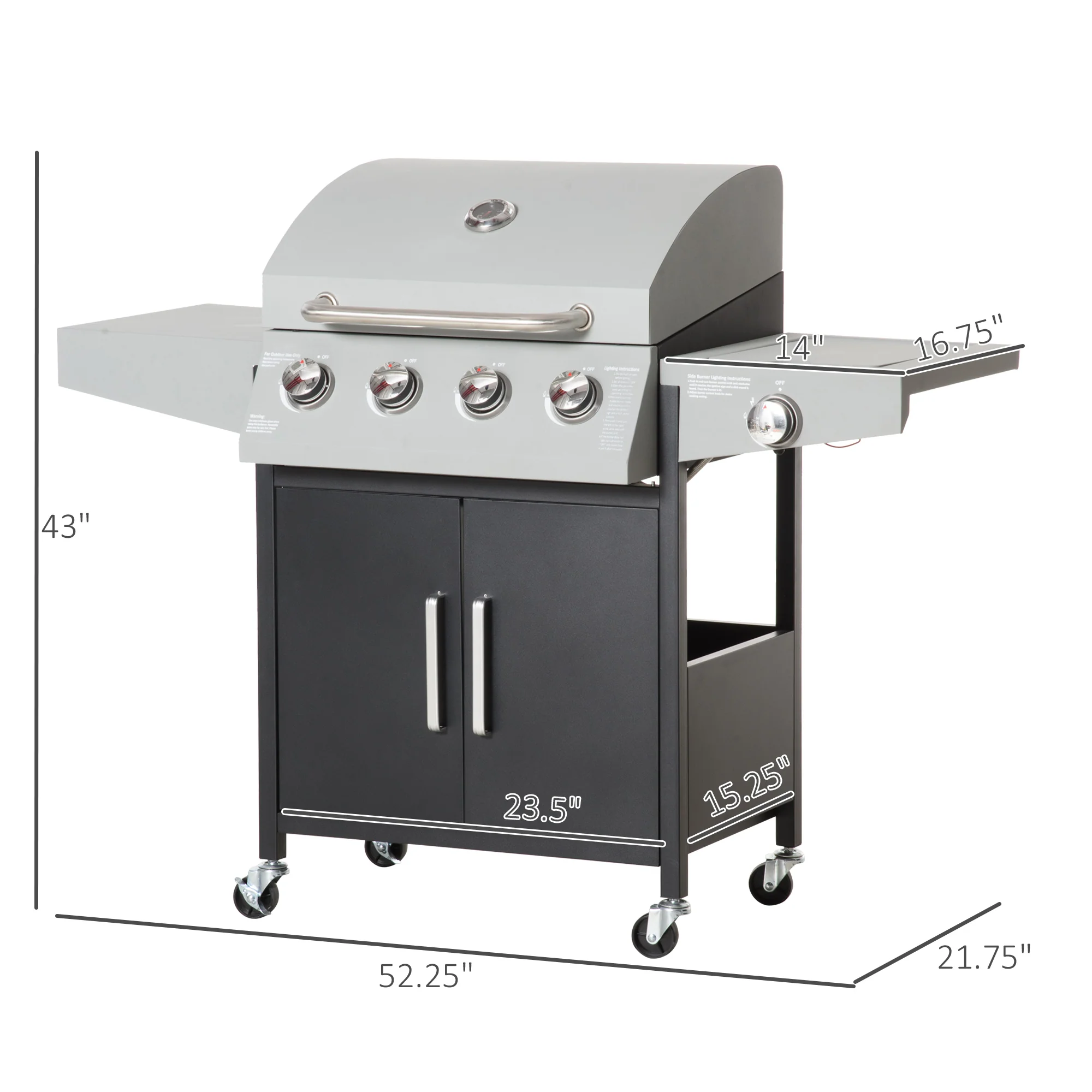 4 Burner Propane Gas Grill with Side Burner with Wheels & Storage Cabinet, 50,000 BTU, Silver - Image 5