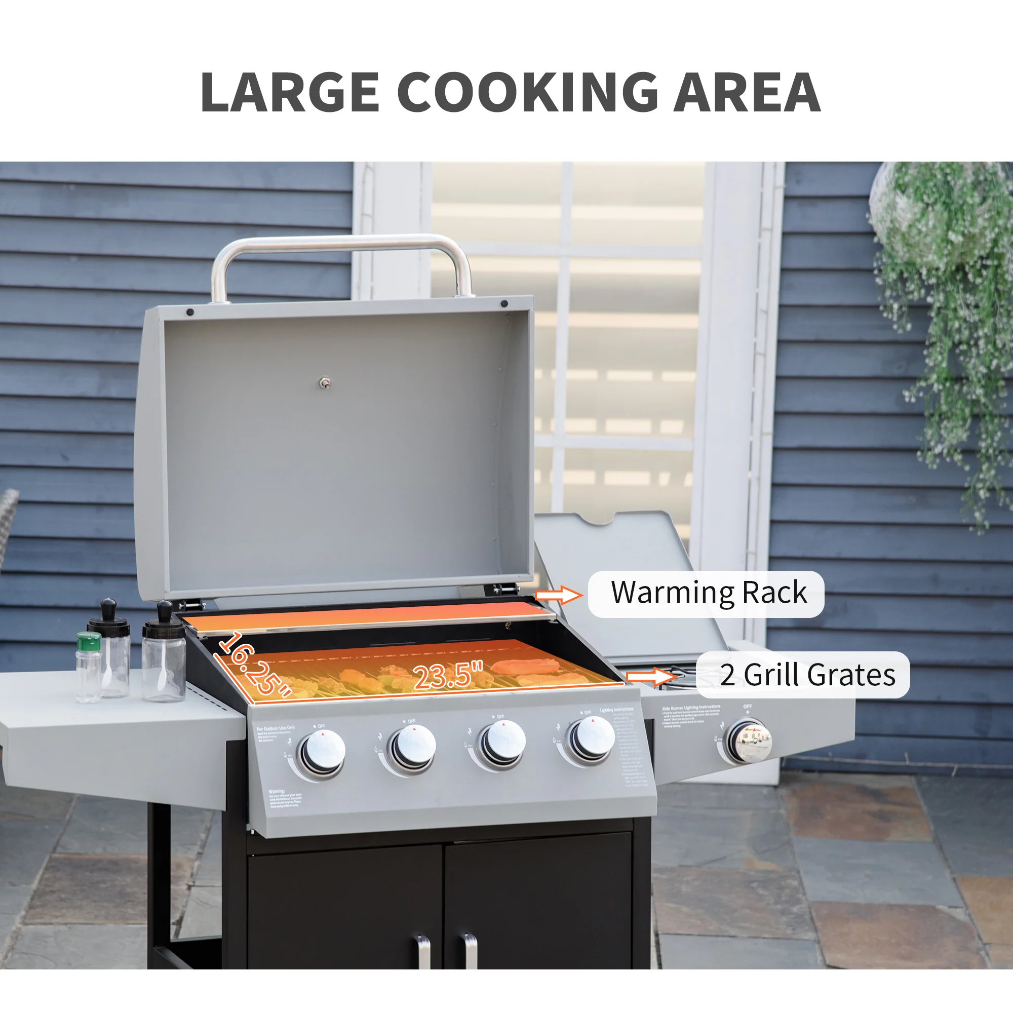 4 Burner Propane Gas Grill with Side Burner with Wheels & Storage Cabinet, 50,000 BTU, Silver - Image 6
