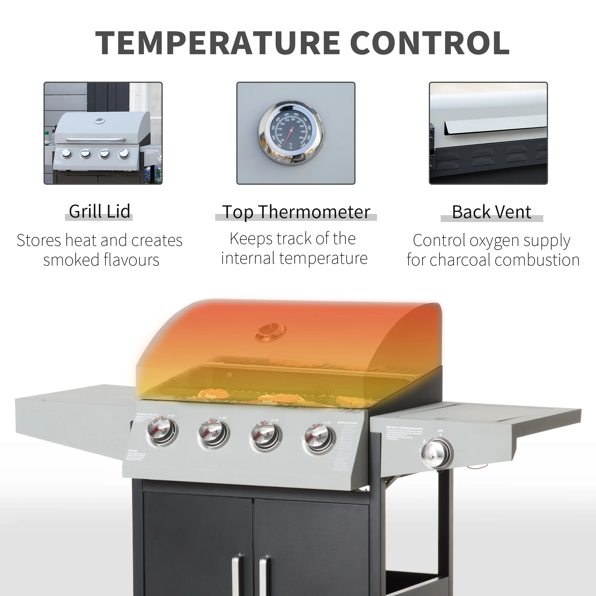 4 Burner Propane Gas Grill with Side Burner with Wheels & Storage Cabinet, 50,000 BTU, Silver - Image 7