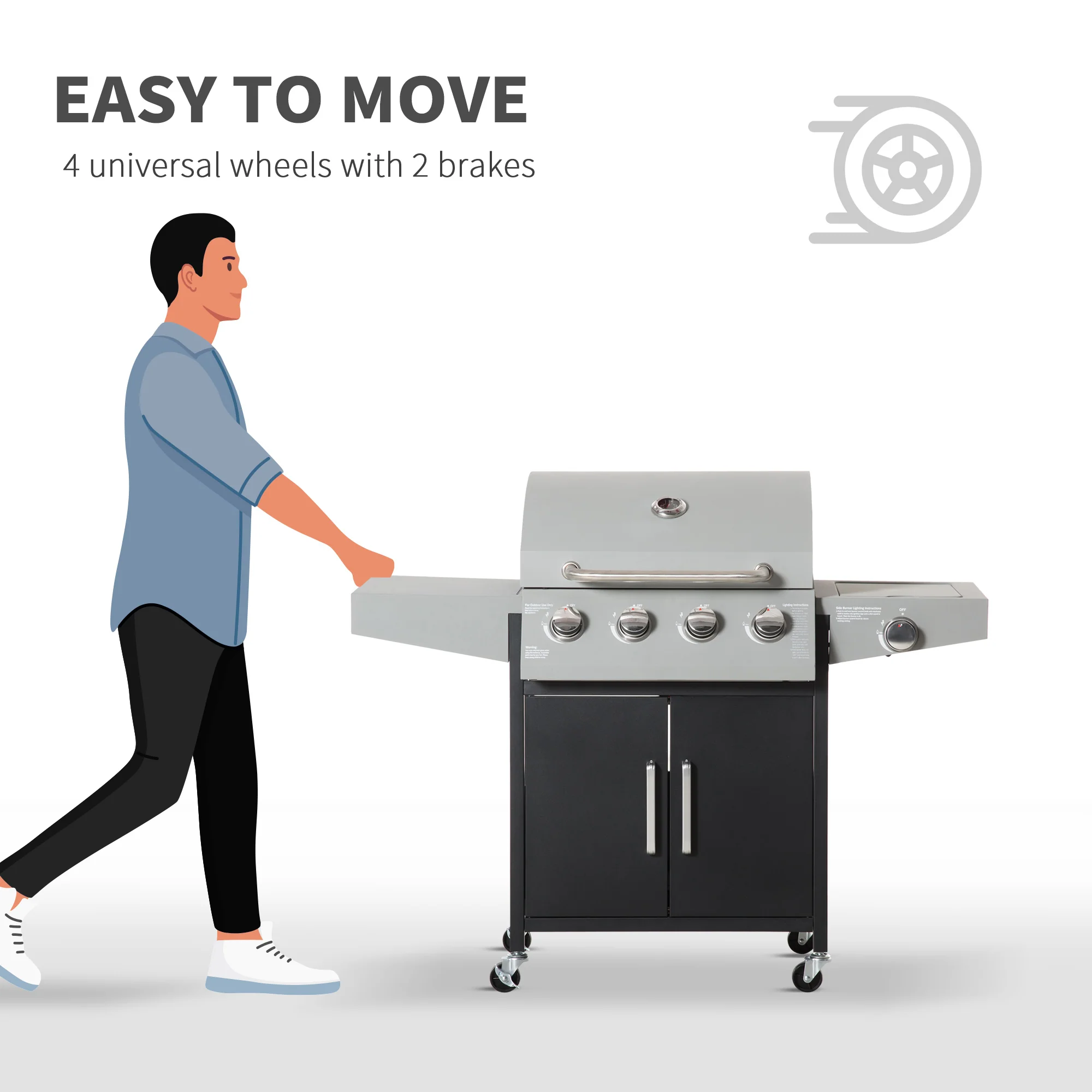 4 Burner Propane Gas Grill with Side Burner with Wheels & Storage Cabinet, 50,000 BTU, Silver - Image 9