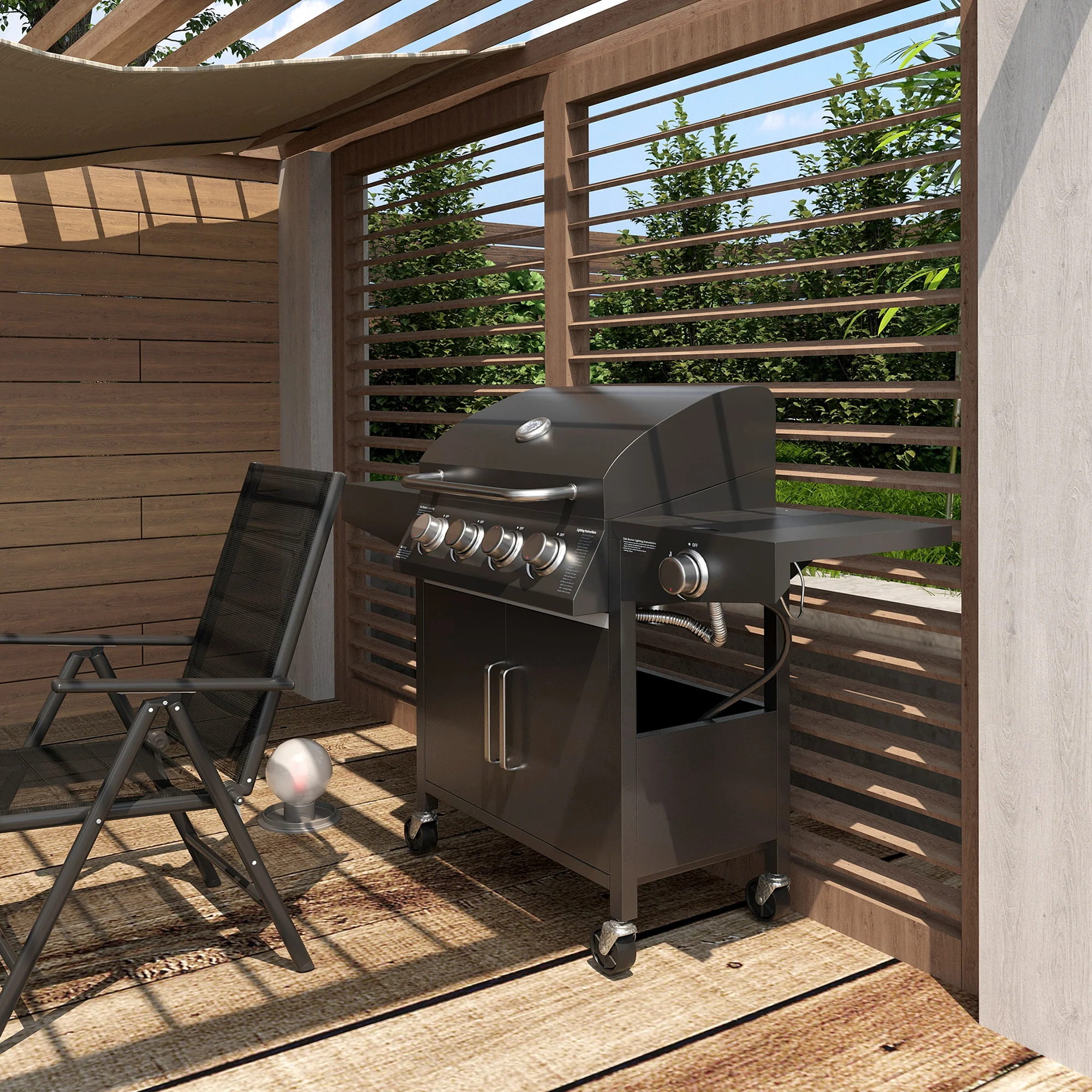 4 Burner Propane Gas Grill with Side Burner with Wheels & Storage Cabinet, 50,000 BTU, Black - Image 3