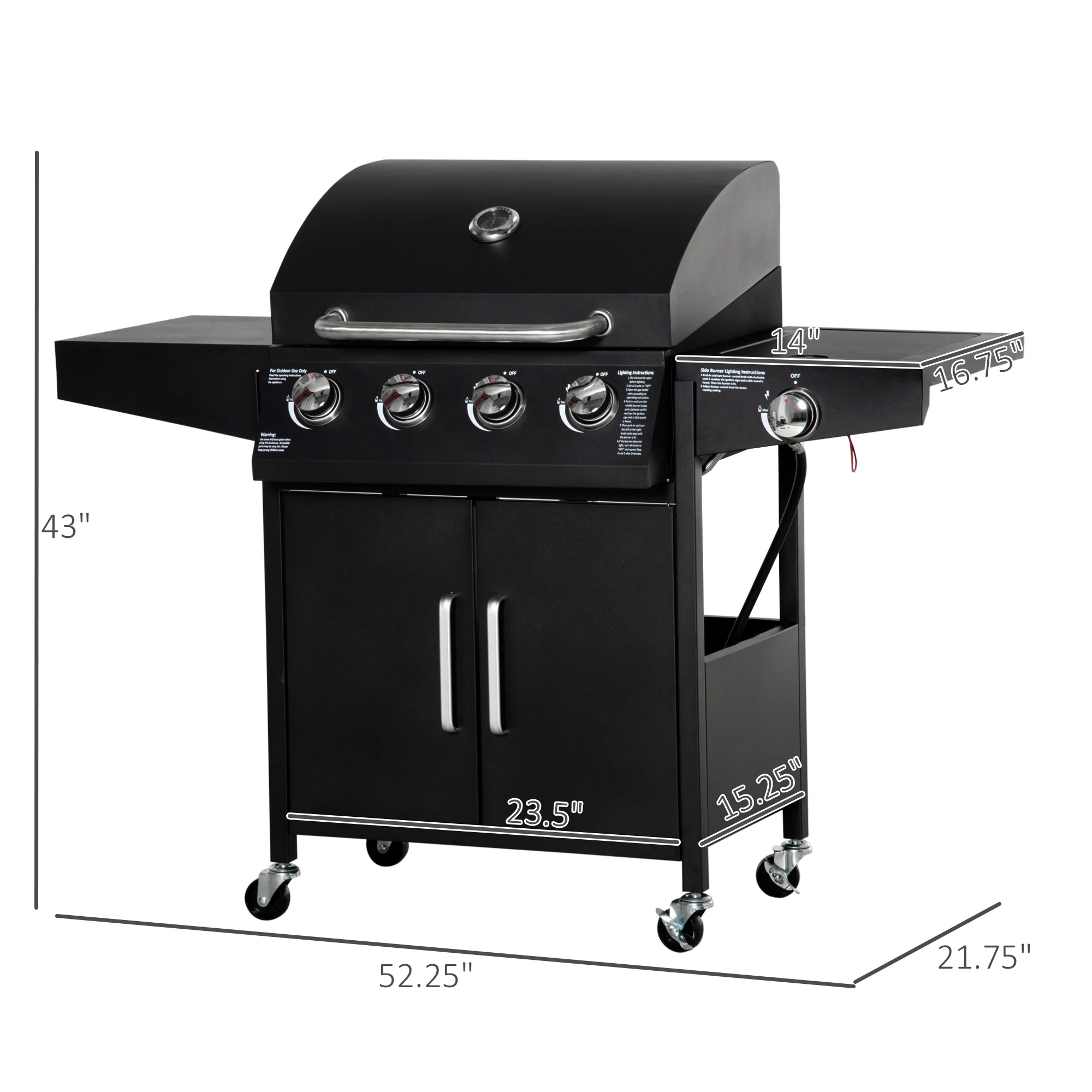 4 Burner Propane Gas Grill with Side Burner with Wheels & Storage Cabinet, 50,000 BTU, Black - Image 5