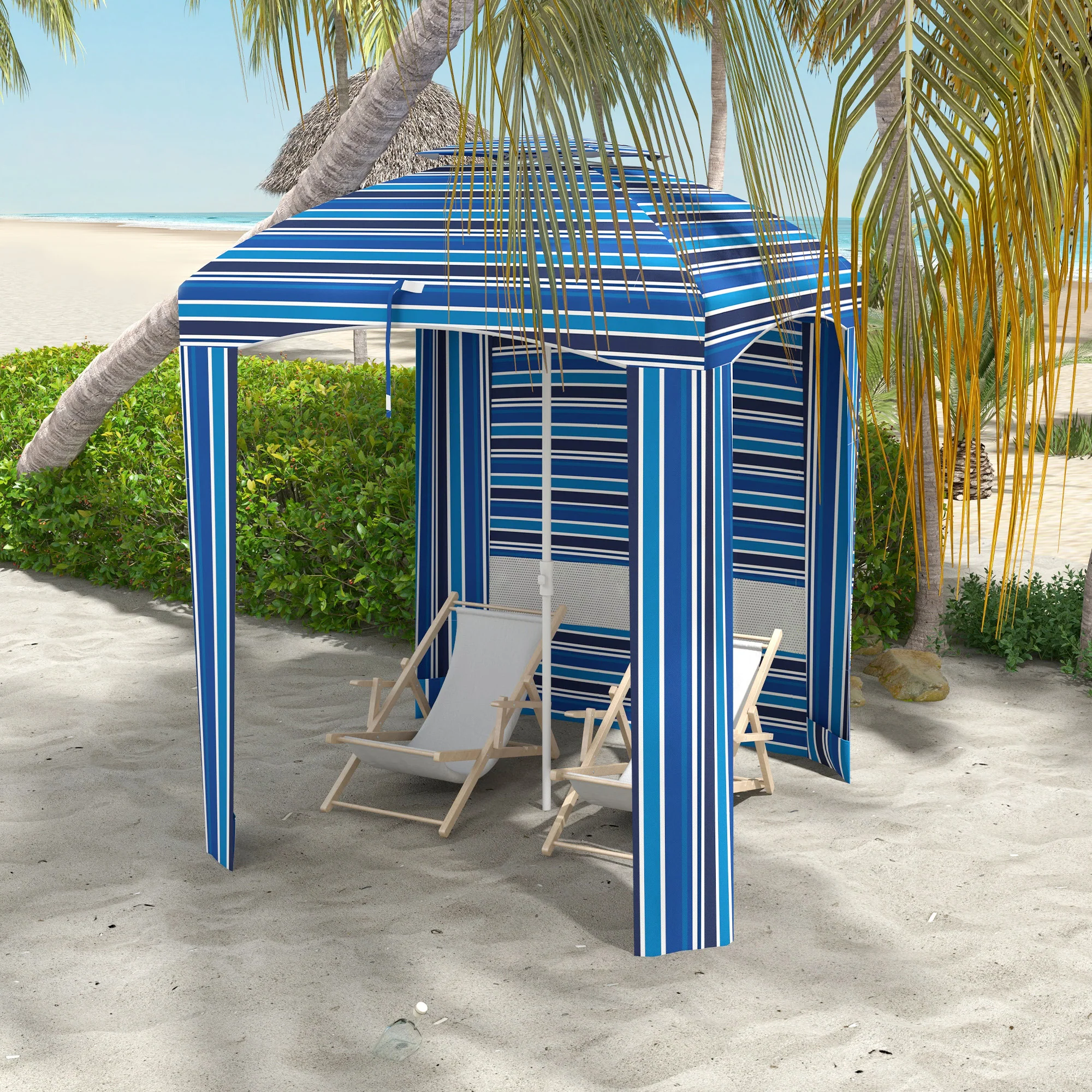 5.8' x 5.8' Cabana Umbrella with Walls & Vents, Blue Stripe - Image 3
