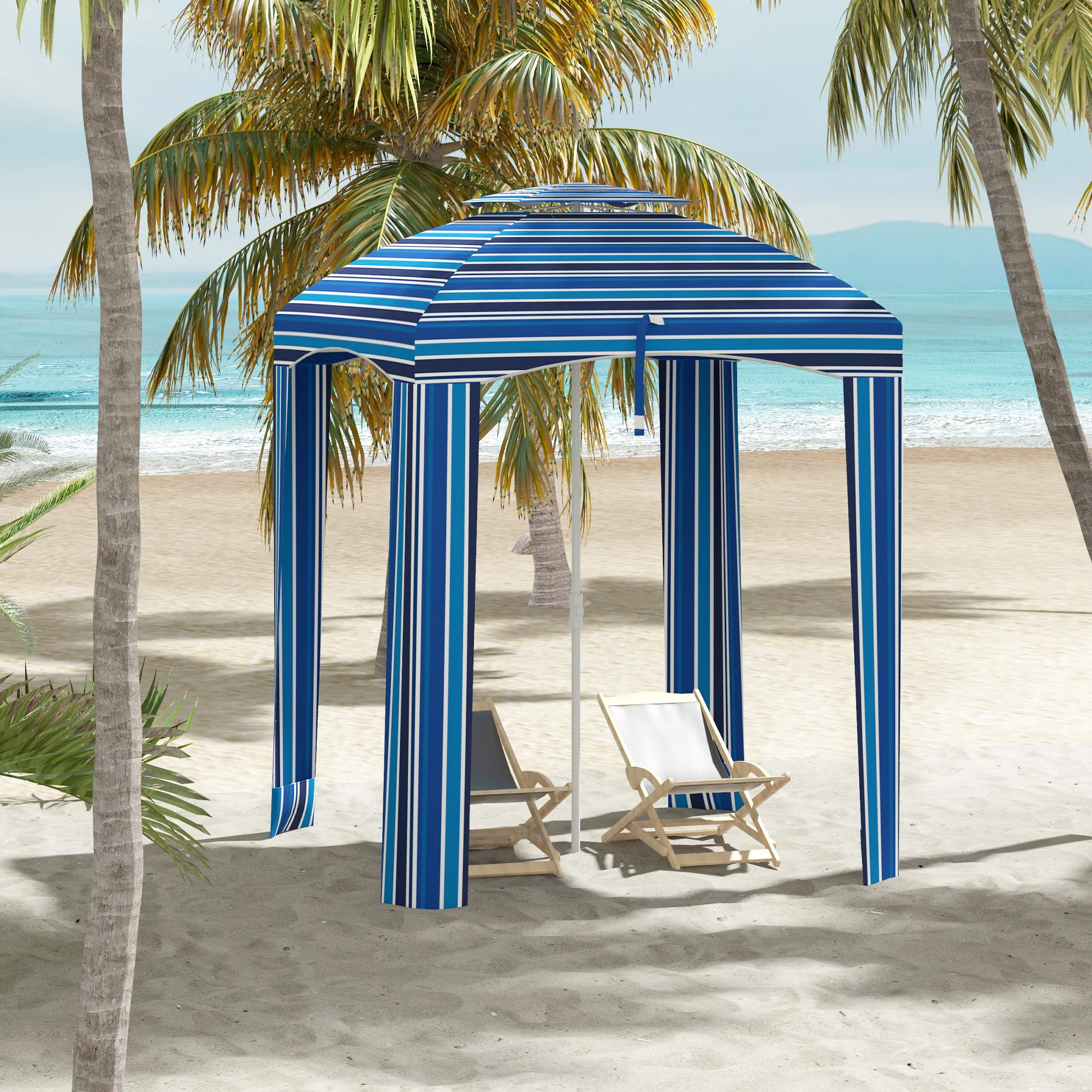 5.8' x 5.8' Cabana Umbrella with Walls & Vents, Blue Stripe - Image 4