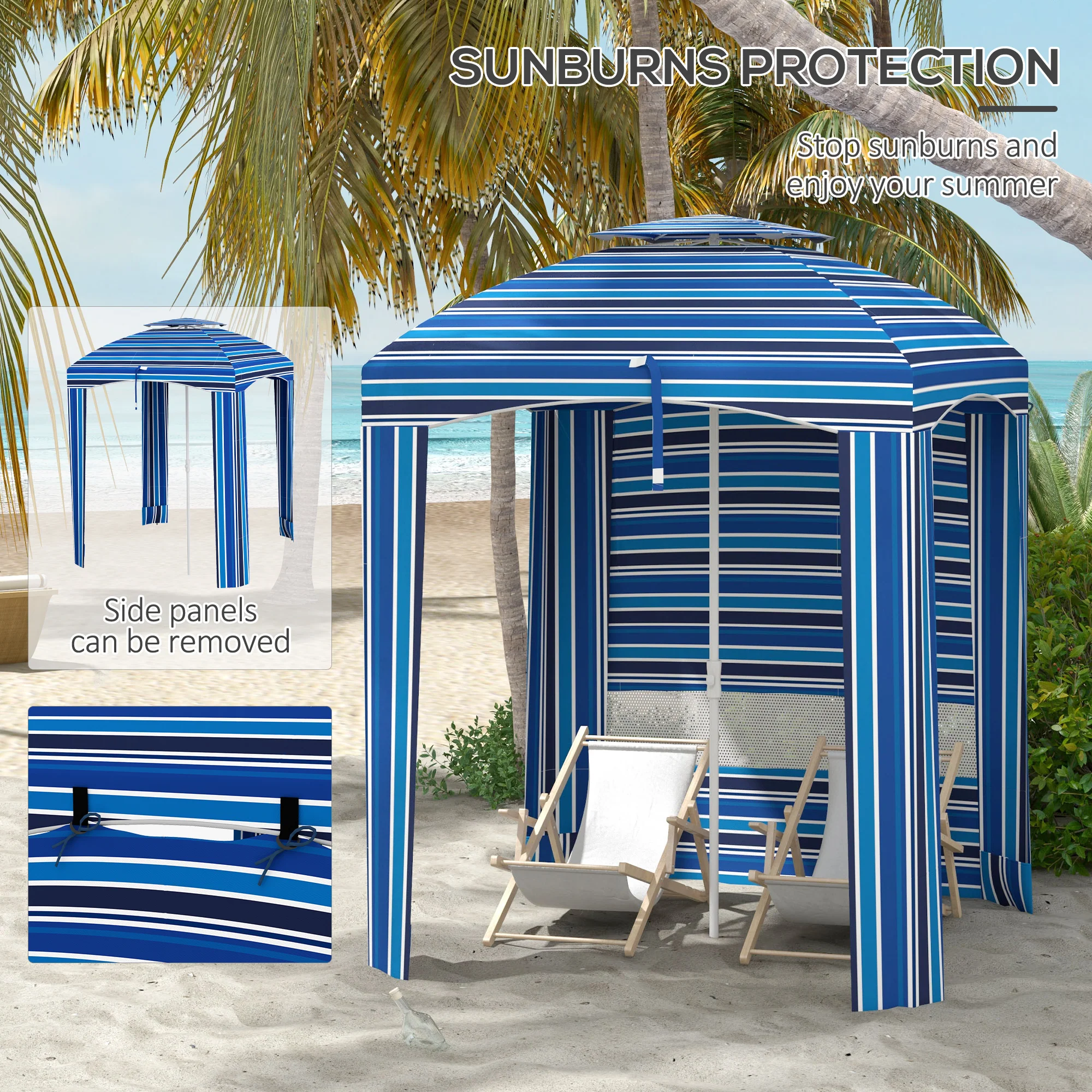 5.8' x 5.8' Cabana Umbrella with Walls & Vents, Blue Stripe - Image 6