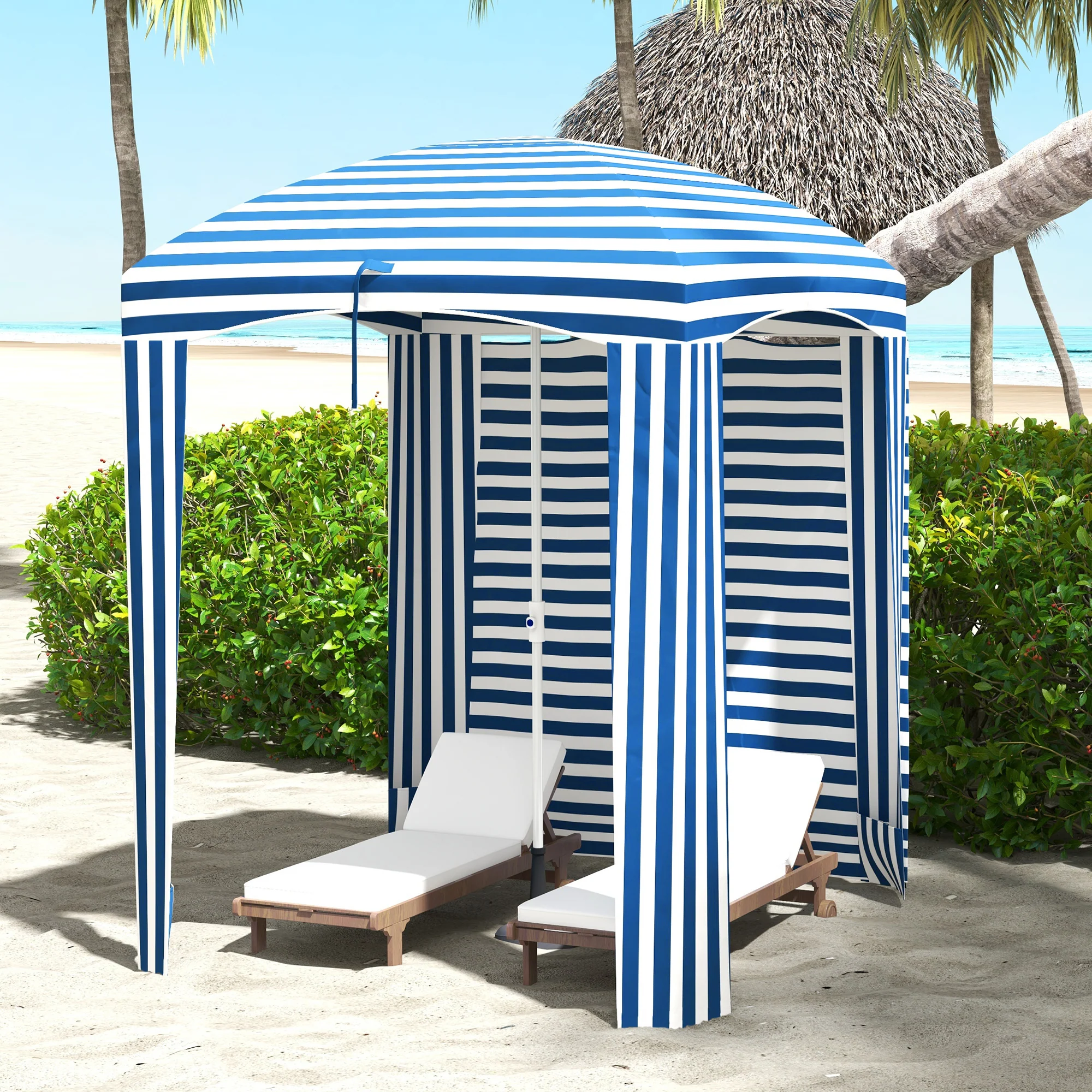 5.8' x 5.8' Cabana Umbrella with Walls & Vents, Blue & White Stripes - Image 3