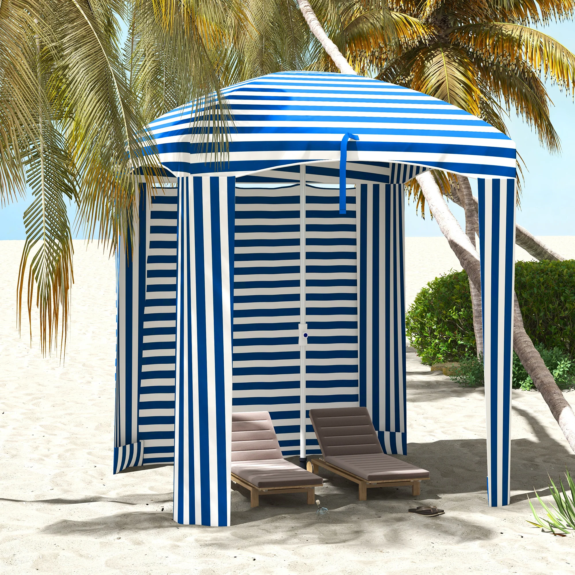 5.8' x 5.8' Cabana Umbrella with Walls & Vents, Blue & White Stripes - Image 4