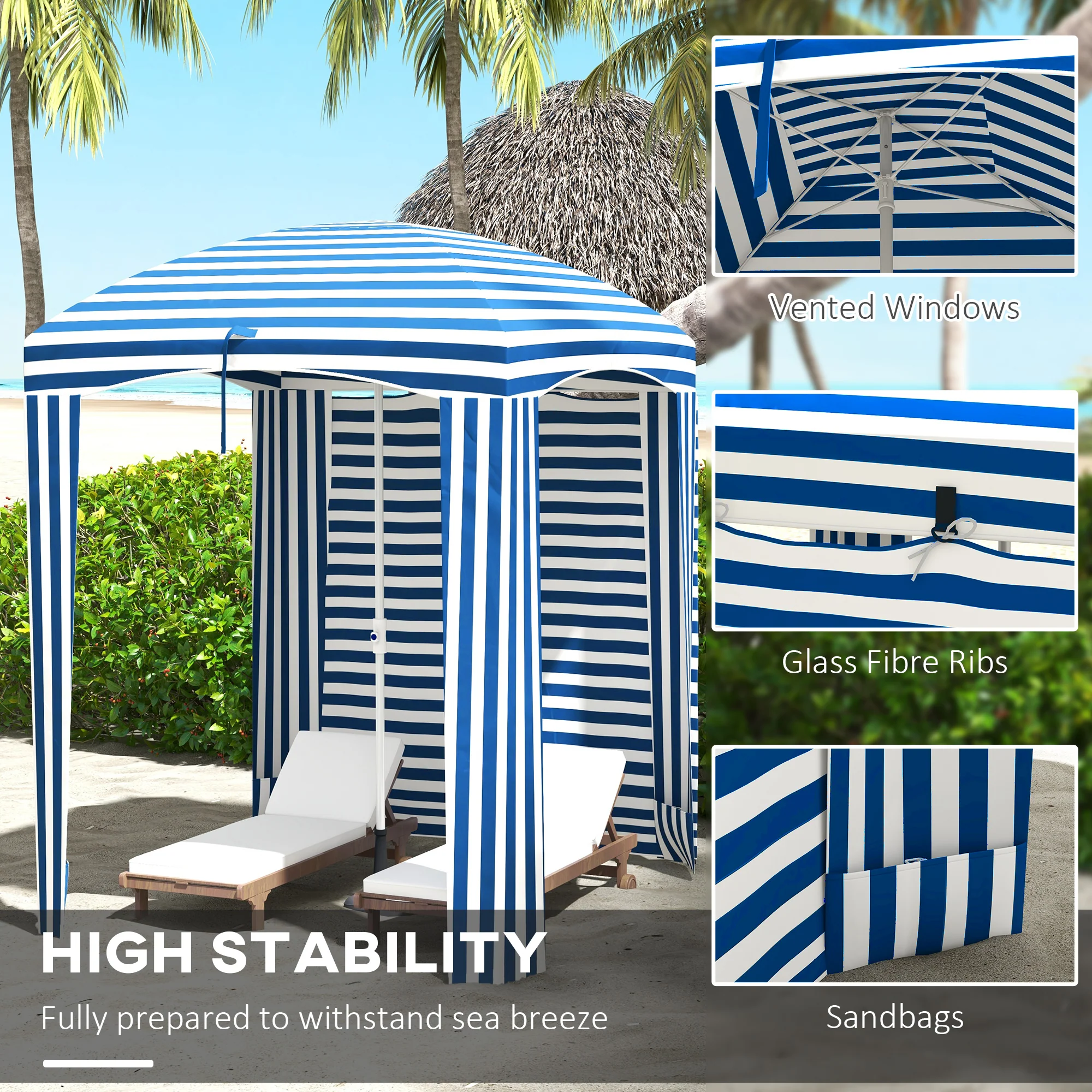 5.8' x 5.8' Cabana Umbrella with Walls & Vents, Blue & White Stripes - Image 7