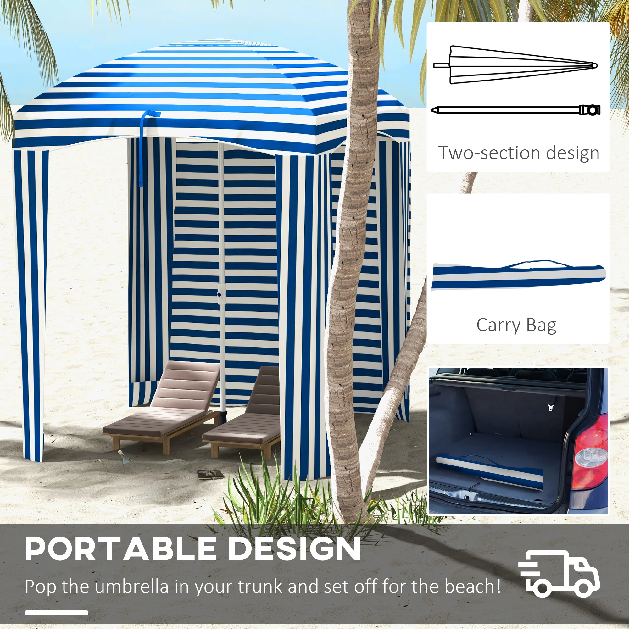 5.8' x 5.8' Cabana Umbrella with Walls & Vents, Blue & White Stripes - Image 8