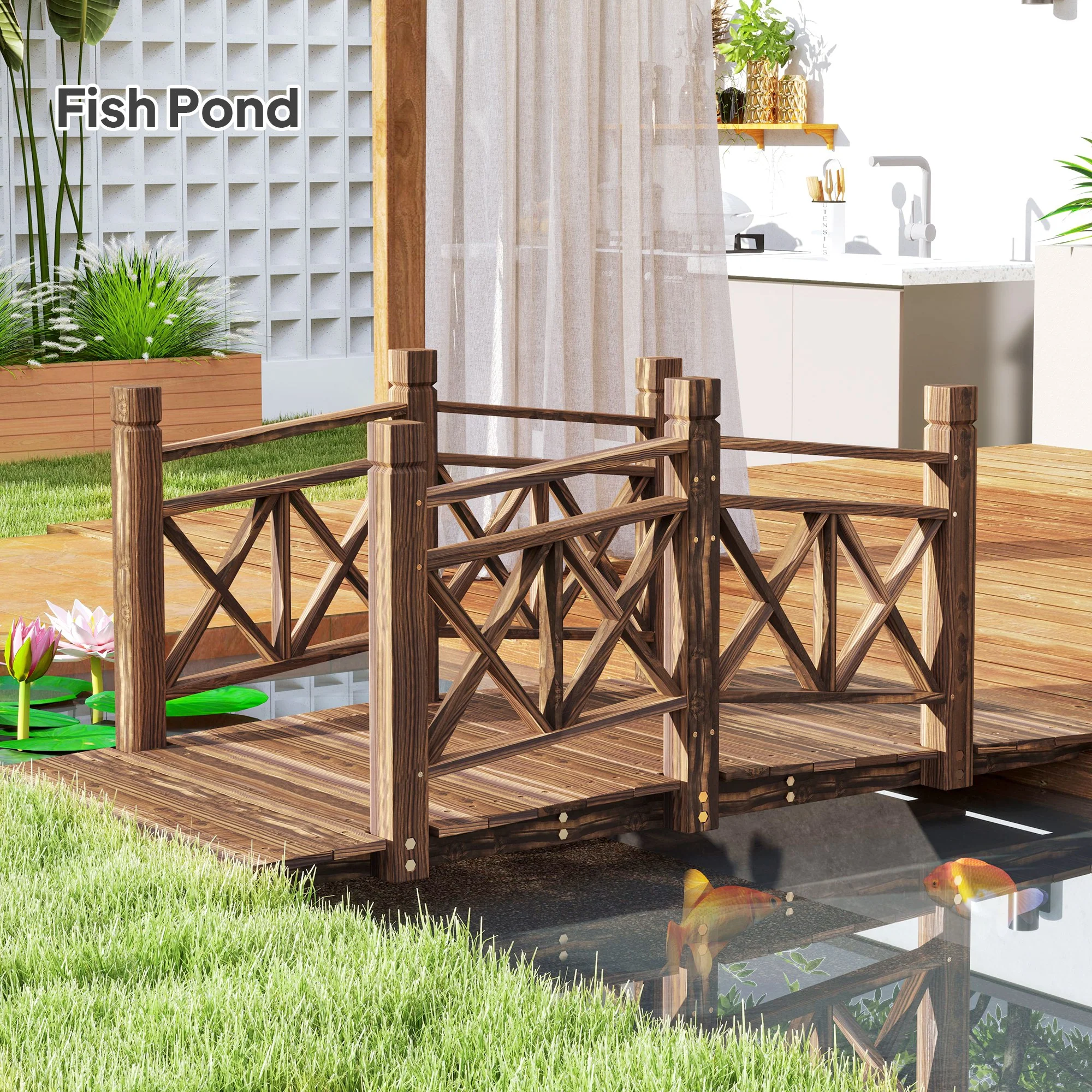 5' Wooden Garden Bridge with Safety Rails, Perfect for Creeks, Ponds & Backyards, Carbonized - Image 10