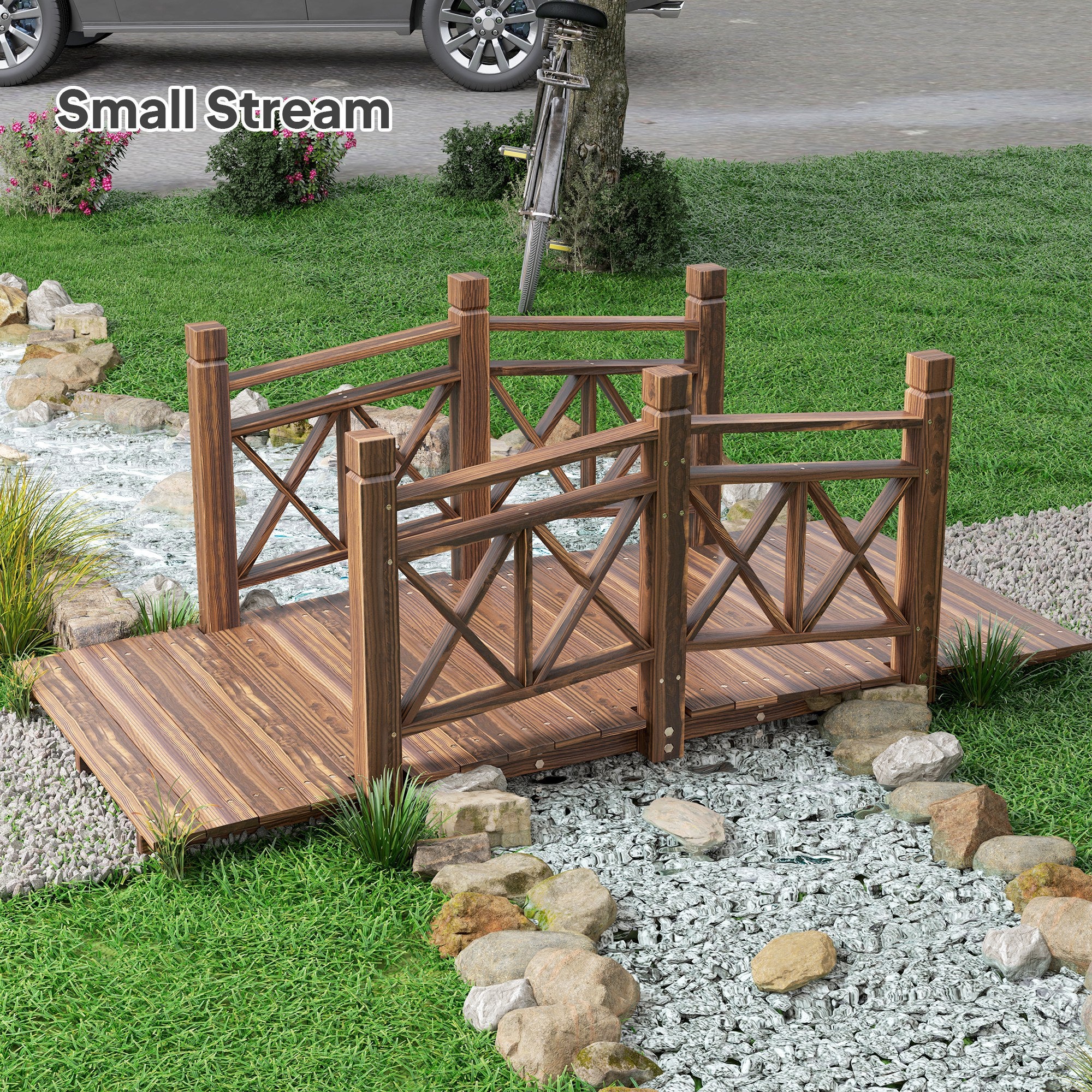 5' Wooden Garden Bridge with Safety Rails, Perfect for Creeks, Ponds & Backyards, Carbonized - Image 11