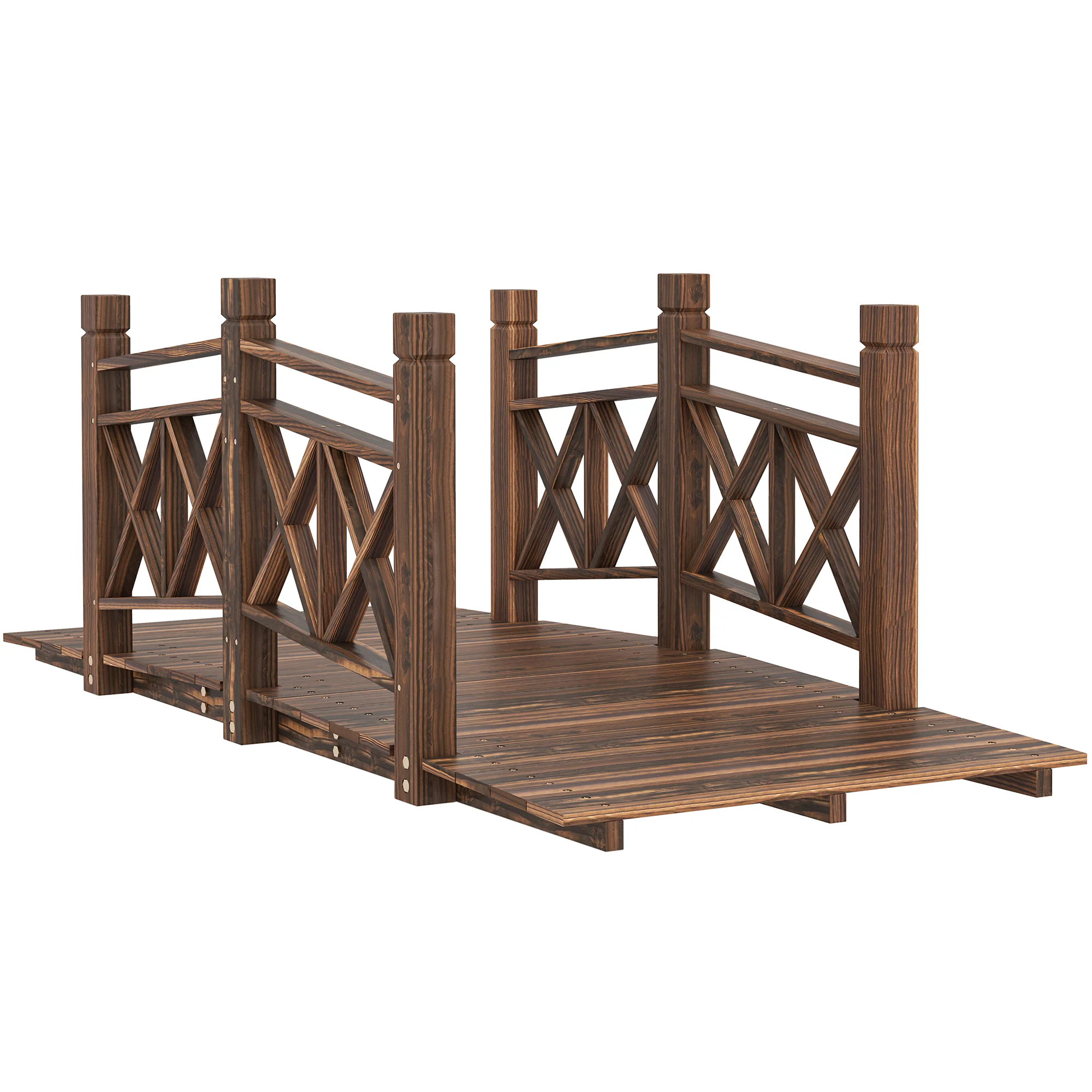 5' Wooden Garden Bridge with Safety Rails, Perfect for Creeks, Ponds & Backyards, Carbonized - Image 12
