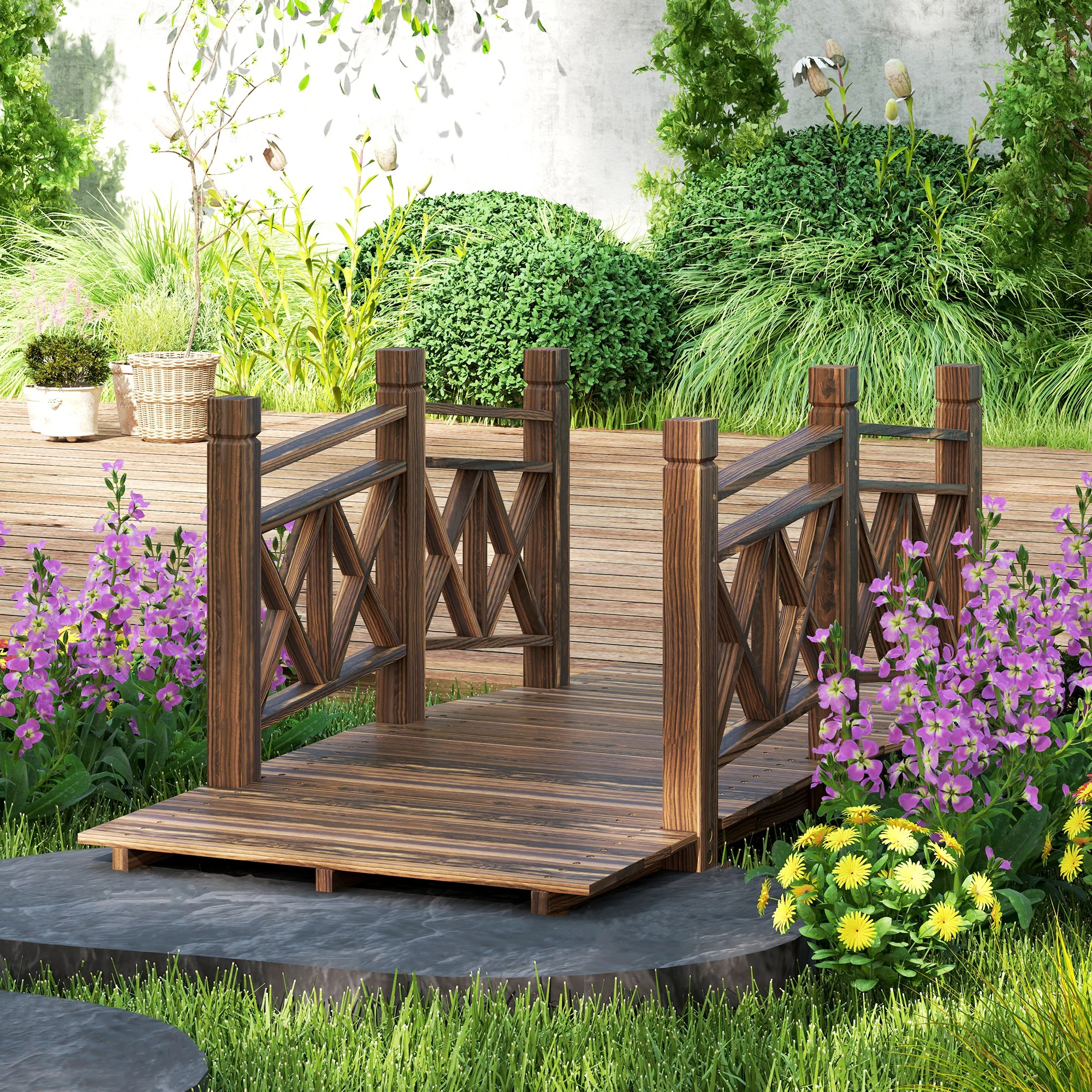 5' Wooden Garden Bridge with Safety Rails, Perfect for Creeks, Ponds & Backyards, Carbonized - Image 3