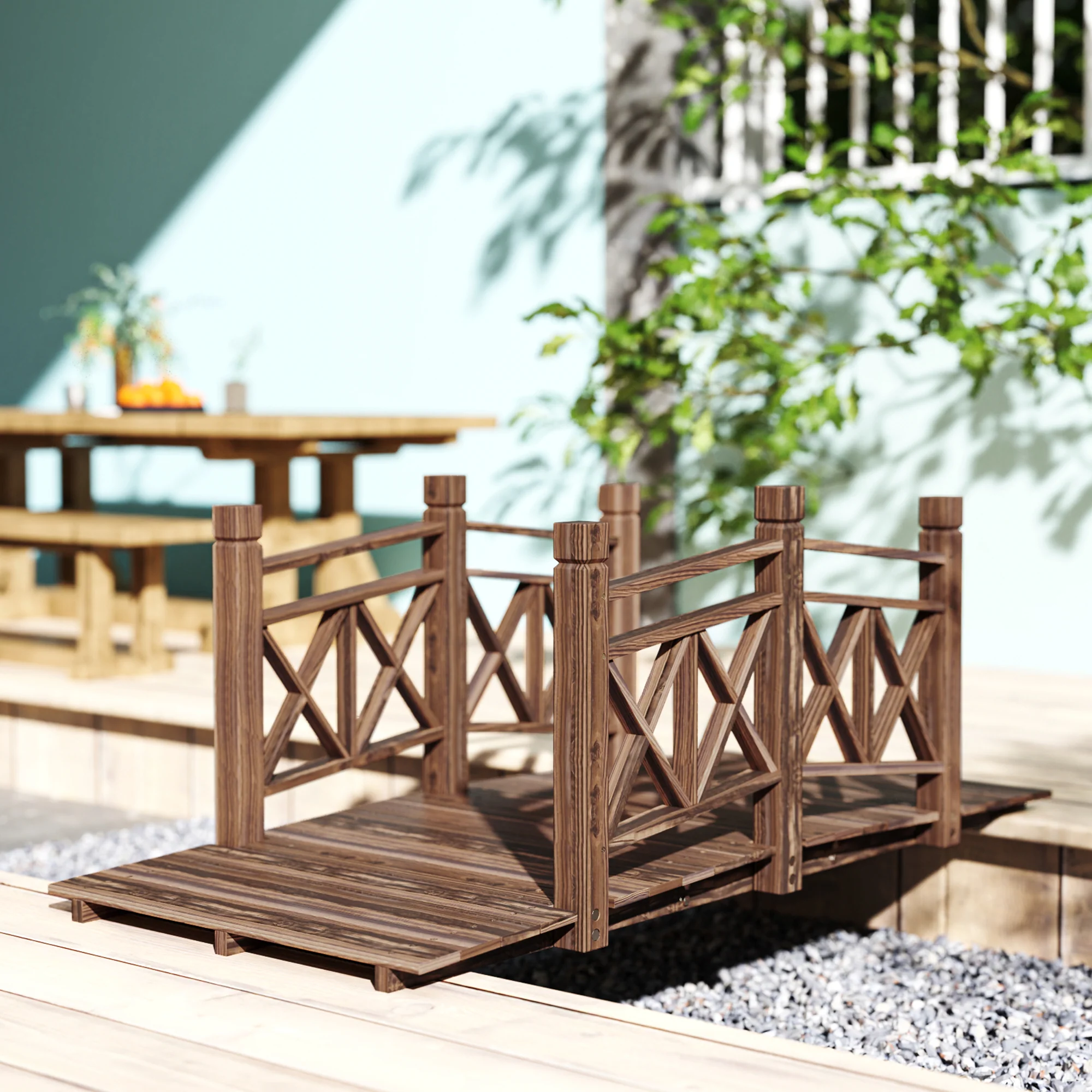 5' Wooden Garden Bridge with Safety Rails, Perfect for Creeks, Ponds & Backyards, Carbonized - Image 4