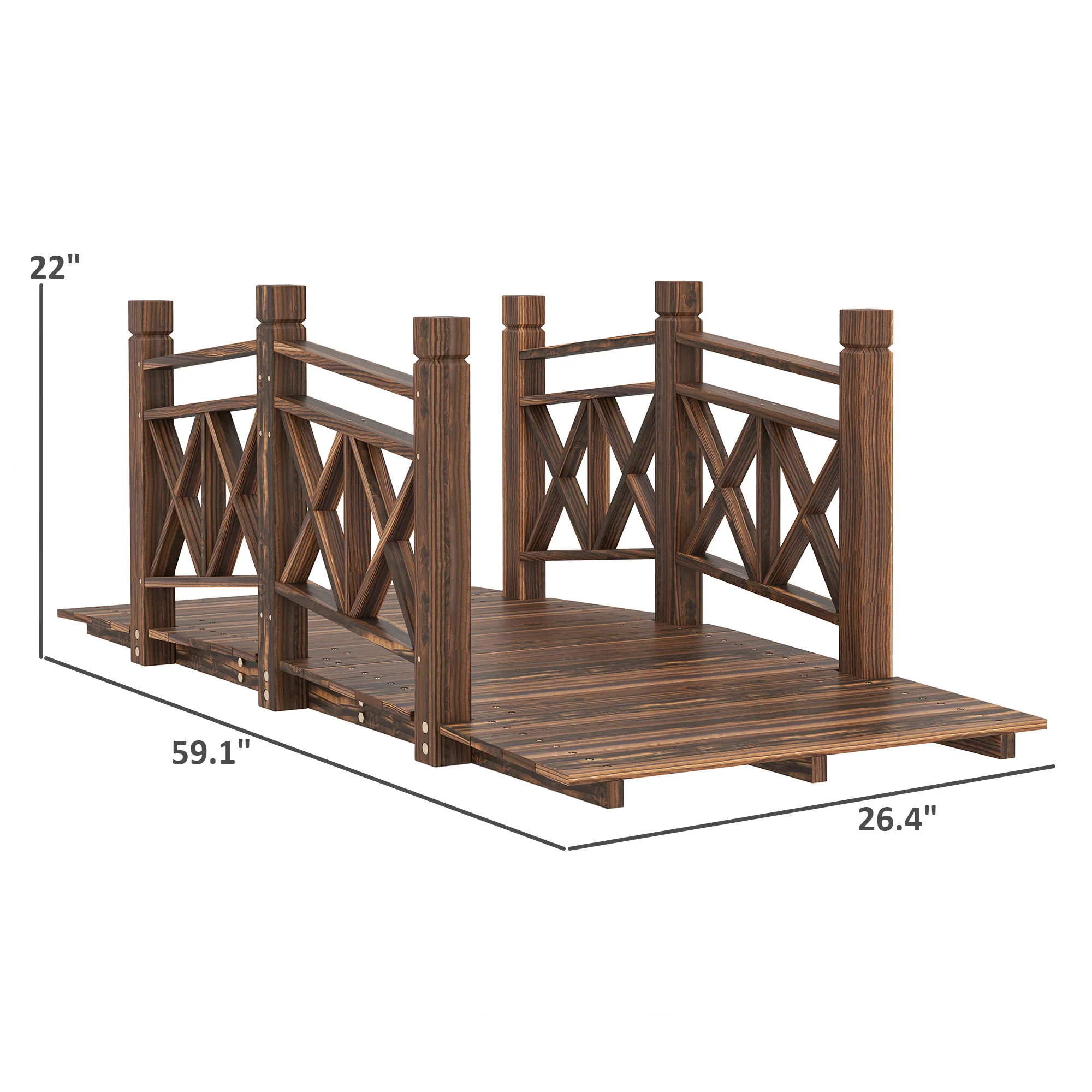 5' Wooden Garden Bridge with Safety Rails, Perfect for Creeks, Ponds & Backyards, Carbonized - Image 5