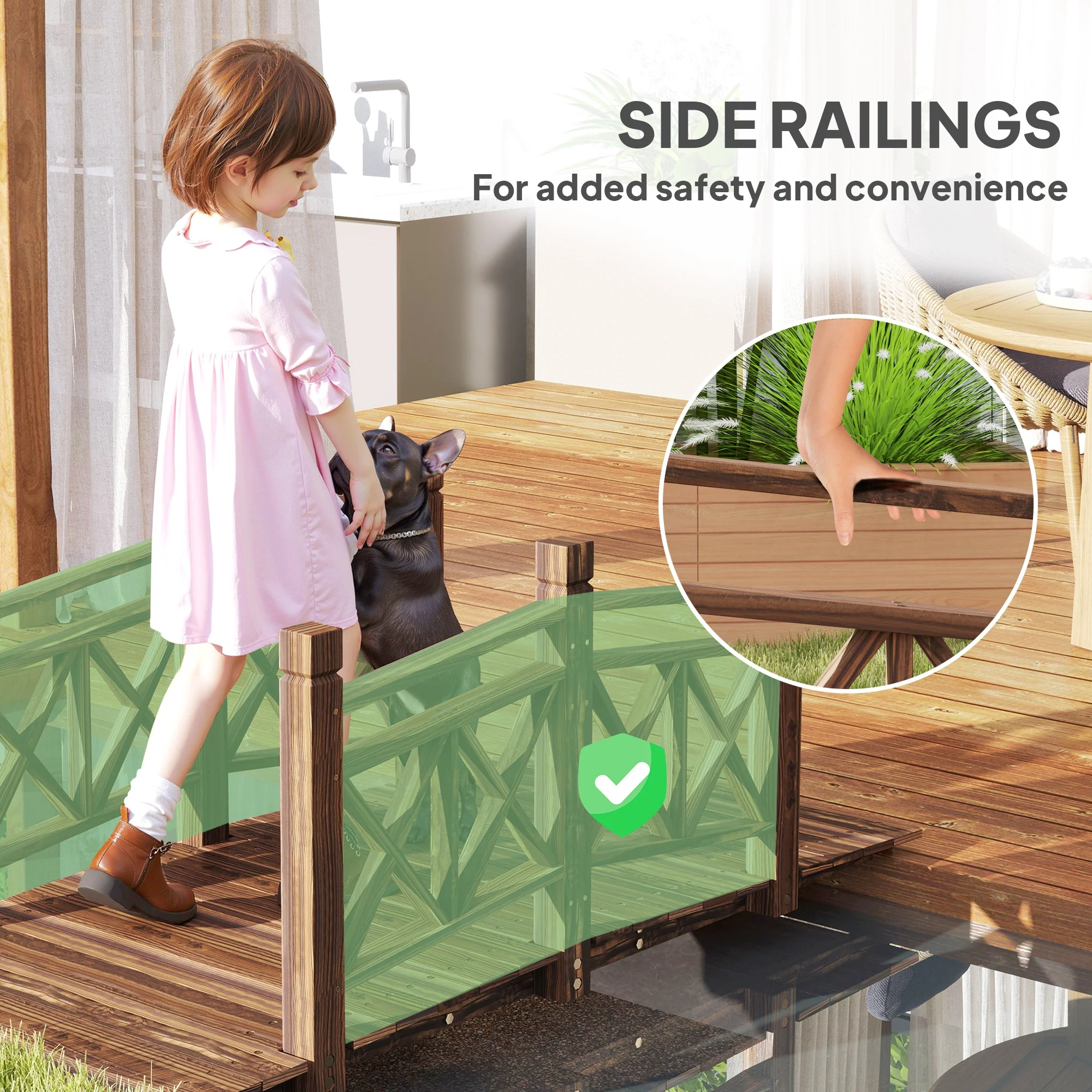 5' Wooden Garden Bridge with Safety Rails, Perfect for Creeks, Ponds & Backyards, Carbonized - Image 6