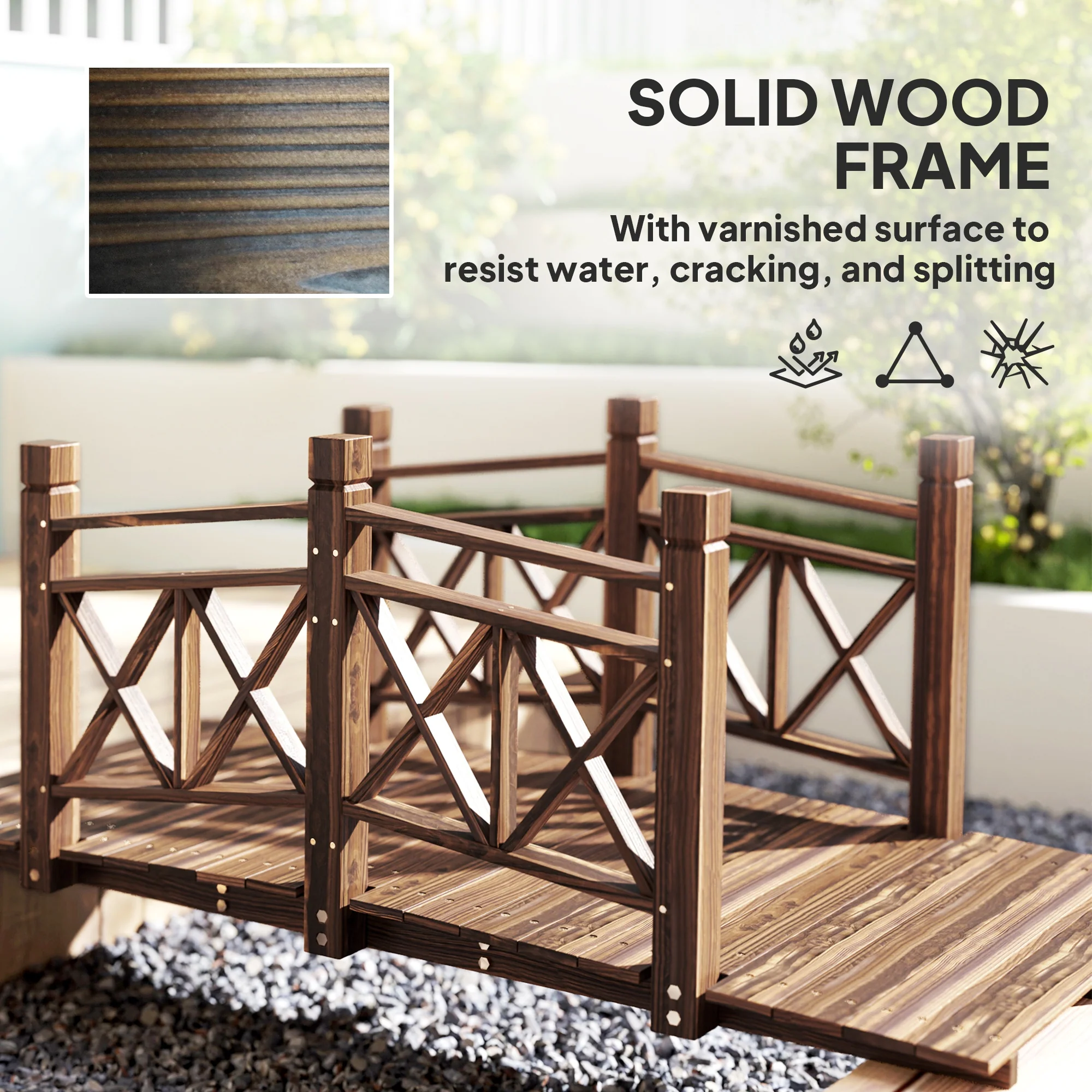 5' Wooden Garden Bridge with Safety Rails, Perfect for Creeks, Ponds & Backyards, Carbonized - Image 7