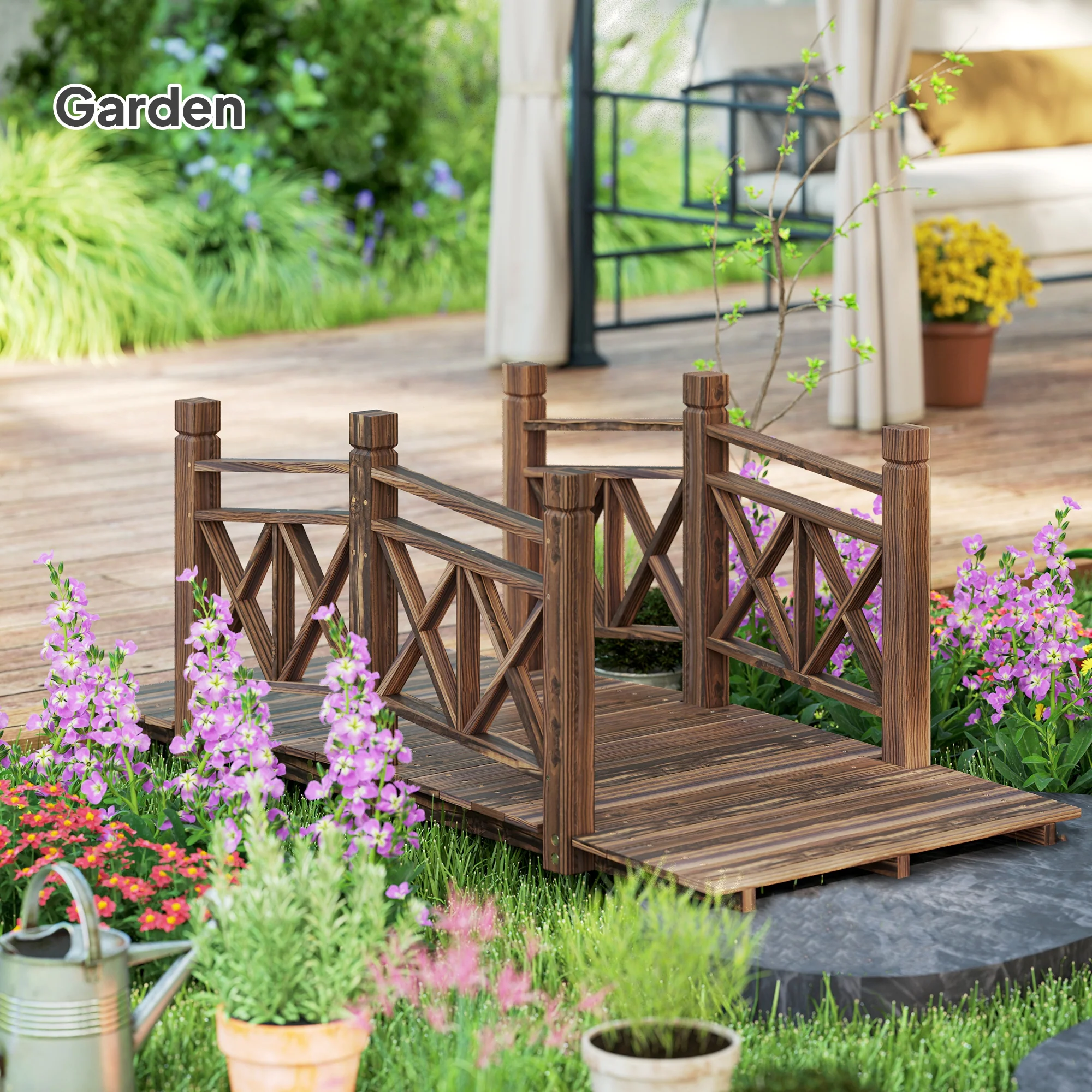 5' Wooden Garden Bridge with Safety Rails, Perfect for Creeks, Ponds & Backyards, Carbonized - Image 8