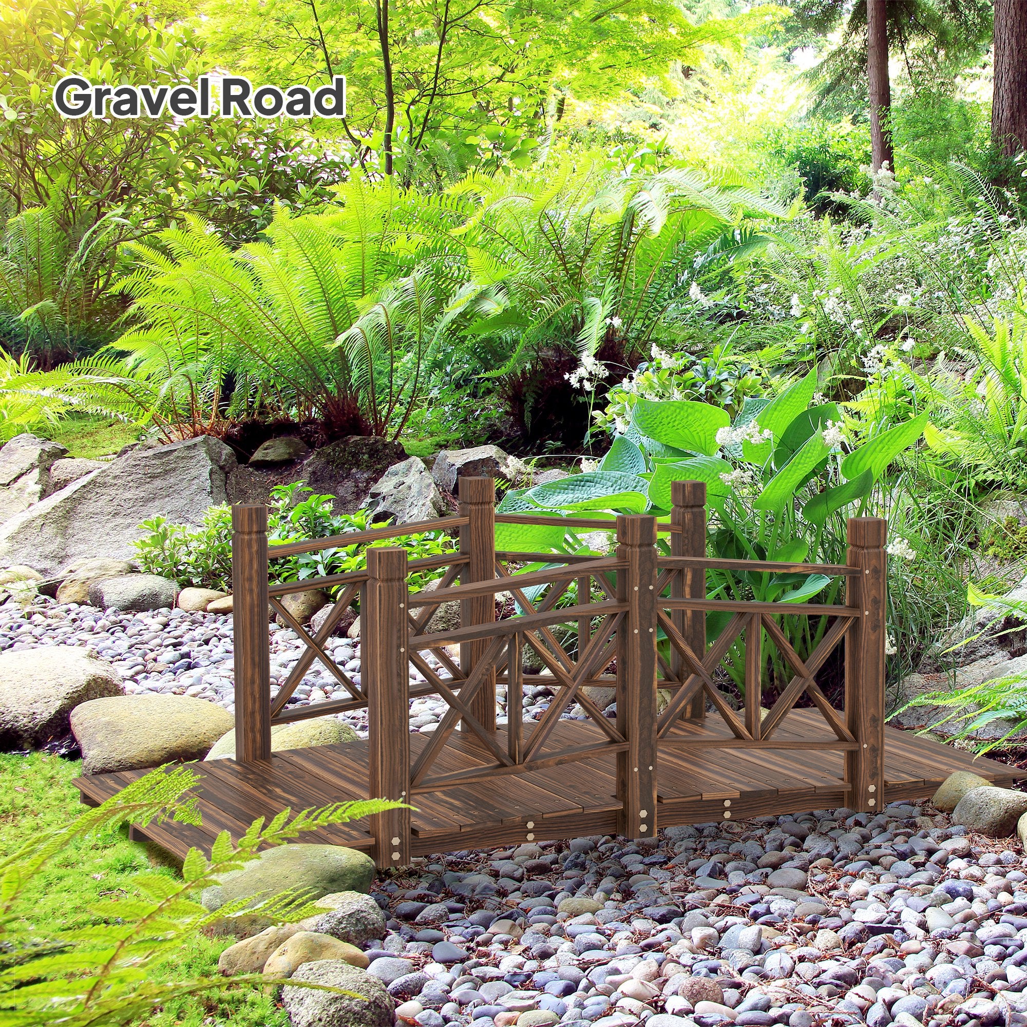 5' Wooden Garden Bridge with Safety Rails, Perfect for Creeks, Ponds & Backyards, Carbonized - Image 9