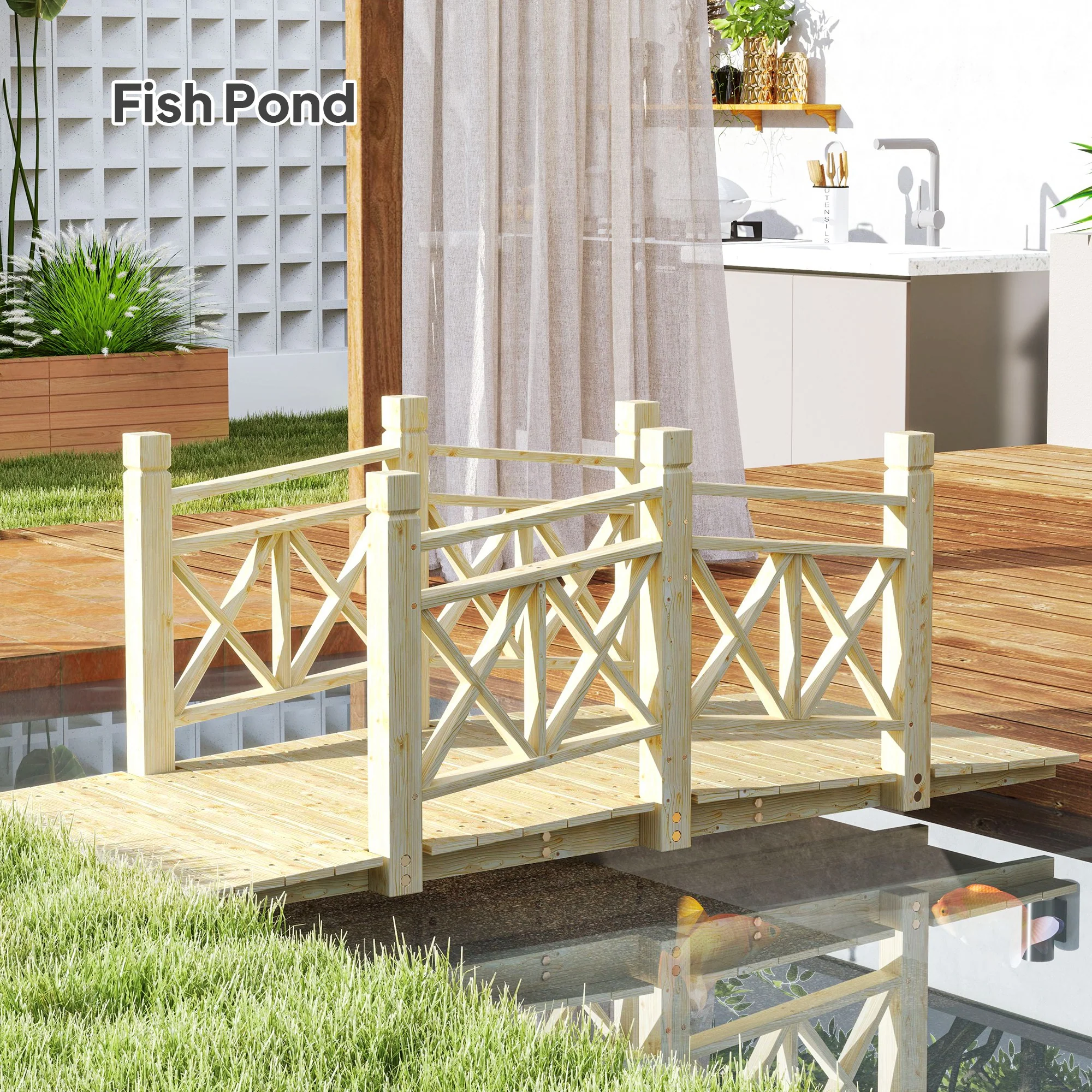 5' Wooden Garden Bridge with Safety Rails, Natural Wood Footbridge for Ponds & Streams - Image 10