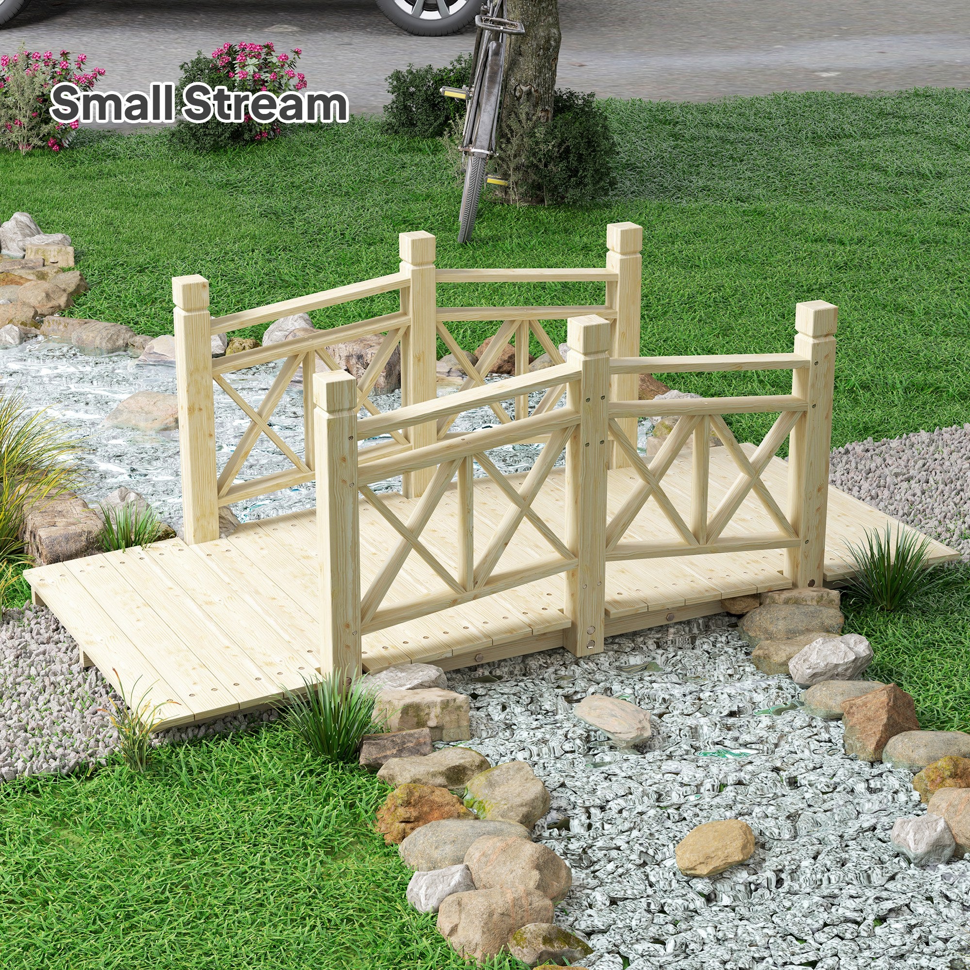 5' Wooden Garden Bridge with Safety Rails, Natural Wood Footbridge for Ponds & Streams - Image 11