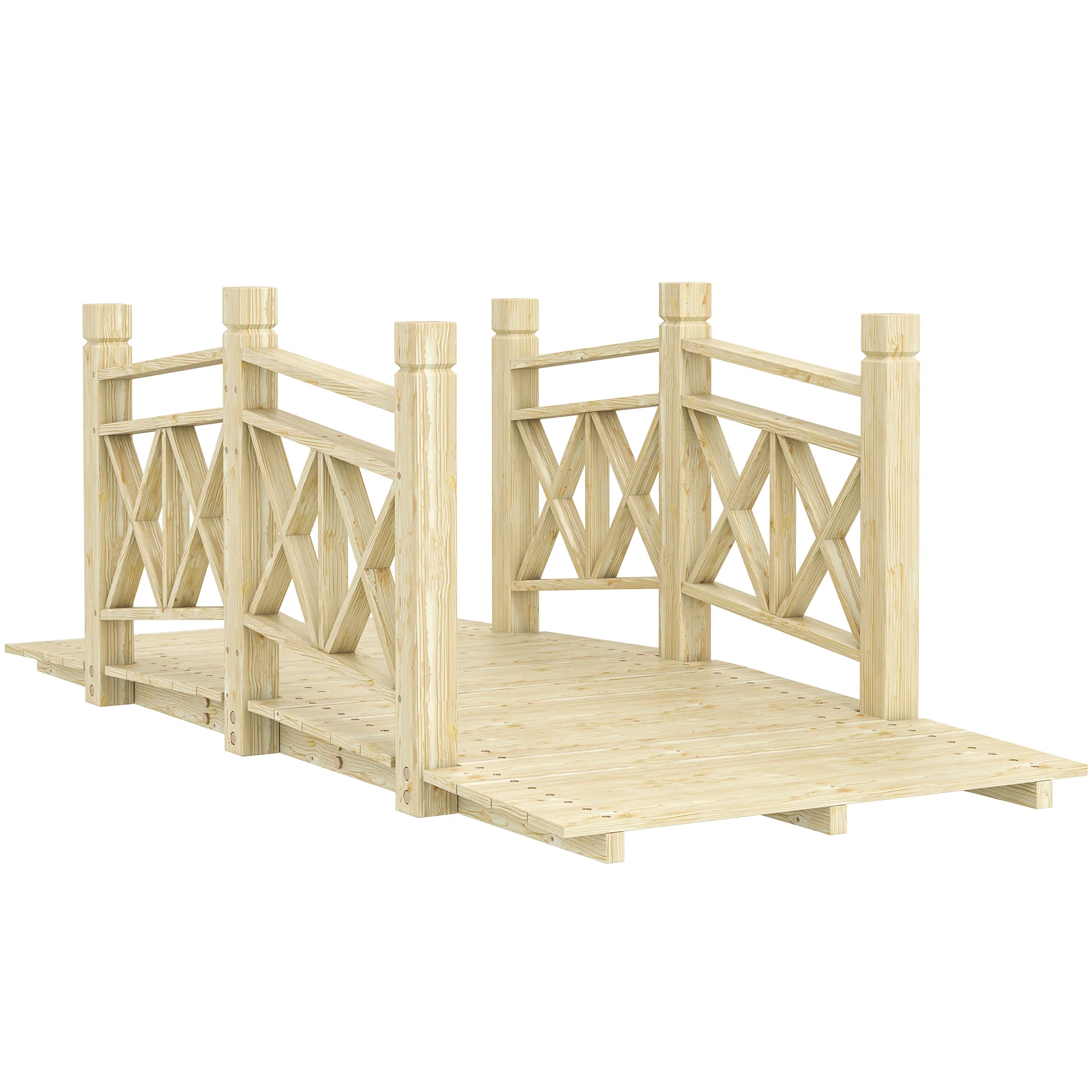 5' Wooden Garden Bridge with Safety Rails, Natural Wood Footbridge for Ponds & Streams - Image 12