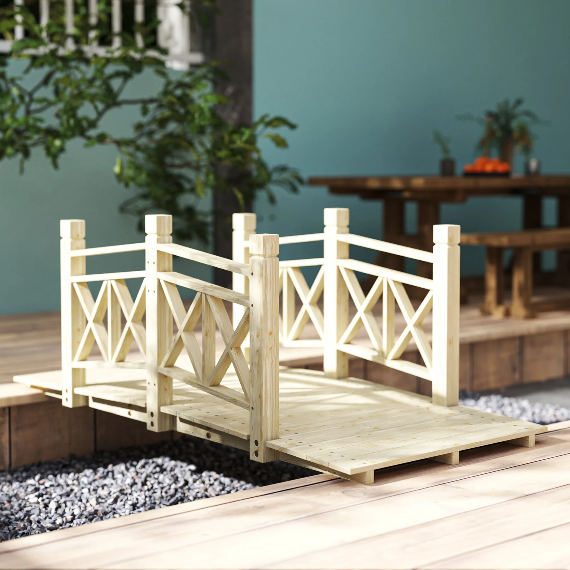 5' Wooden Garden Bridge with Safety Rails, Natural Wood Footbridge for Ponds & Streams - Image 4