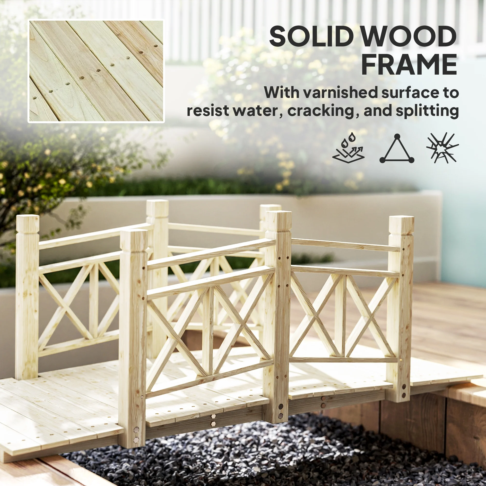 5' Wooden Garden Bridge with Safety Rails, Natural Wood Footbridge for Ponds & Streams - Image 7