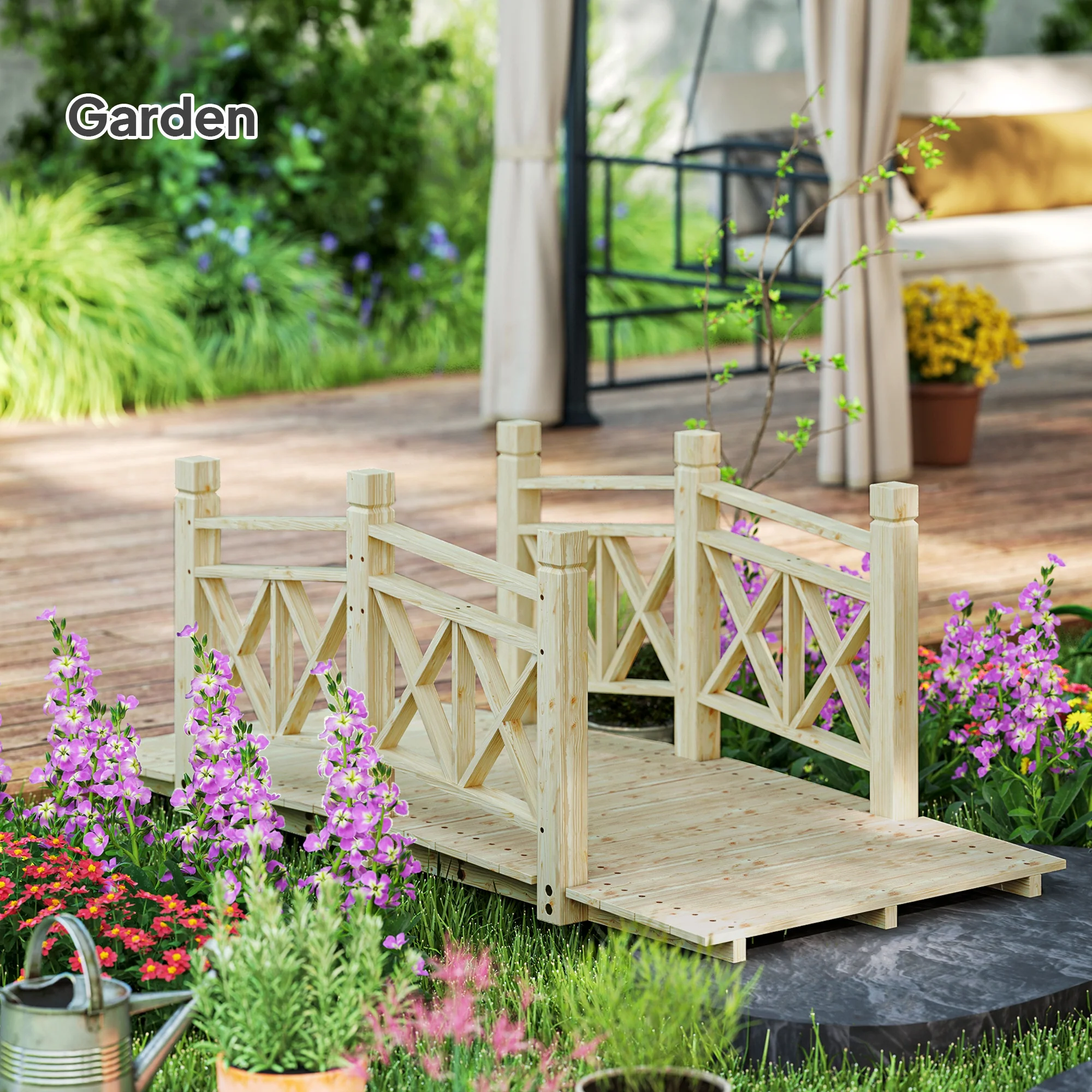 5' Wooden Garden Bridge with Safety Rails, Natural Wood Footbridge for Ponds & Streams - Image 8