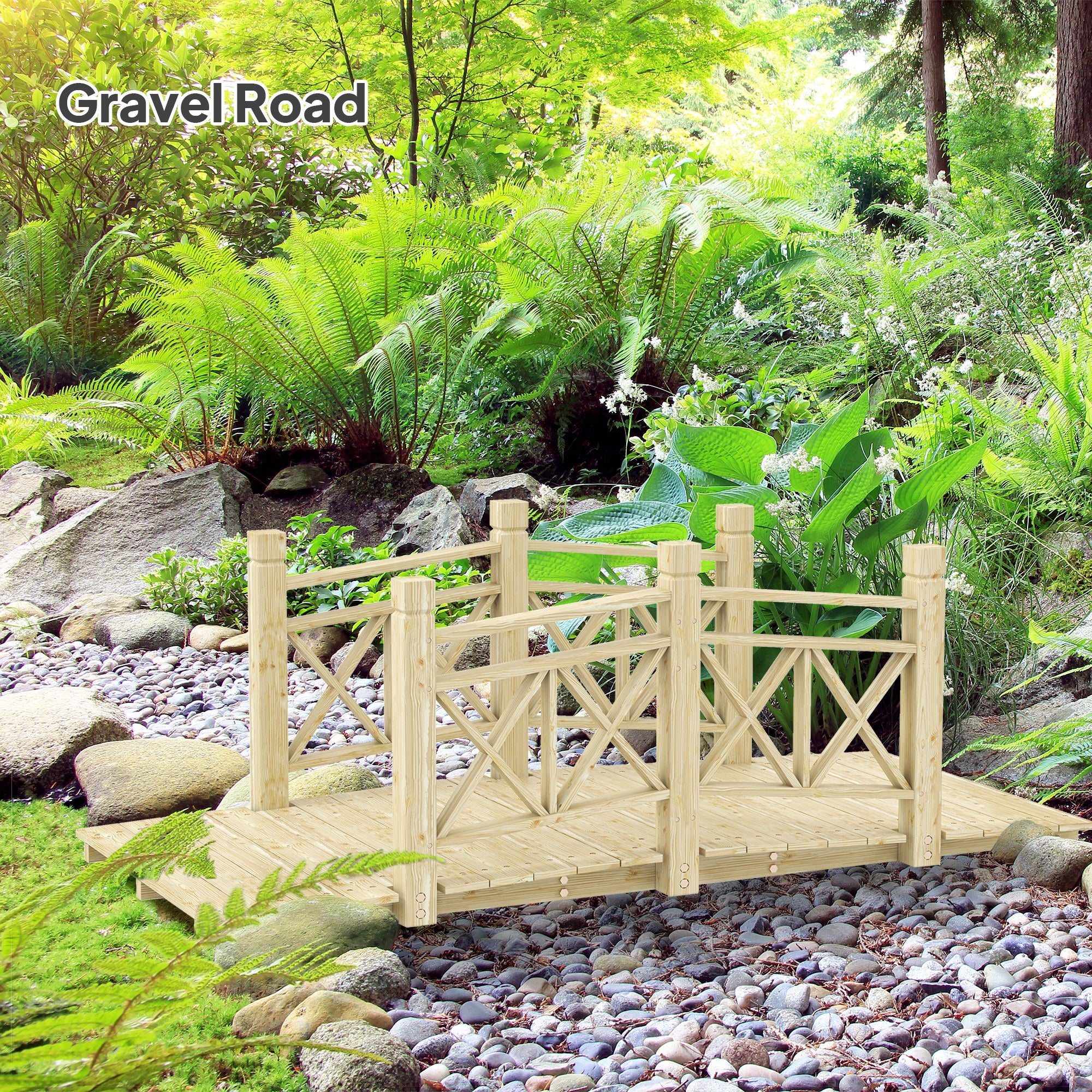 5' Wooden Garden Bridge with Safety Rails, Natural Wood Footbridge for Ponds & Streams - Image 9