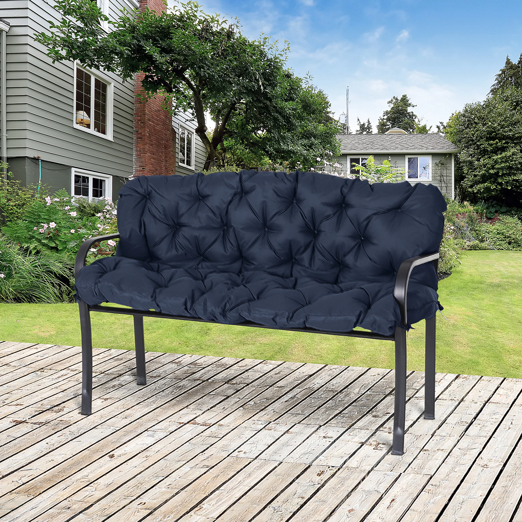 59"x38" Tufted Bench Cushion for Outdoor 3-Seater Furniture, Dark Blue - Image 3