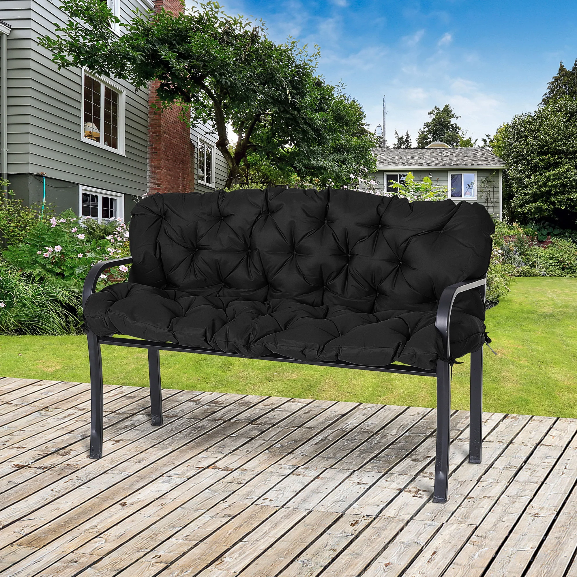 59"x38" Tufted Bench Cushion for Outdoor 3-Seater Furniture, Black - Image 4