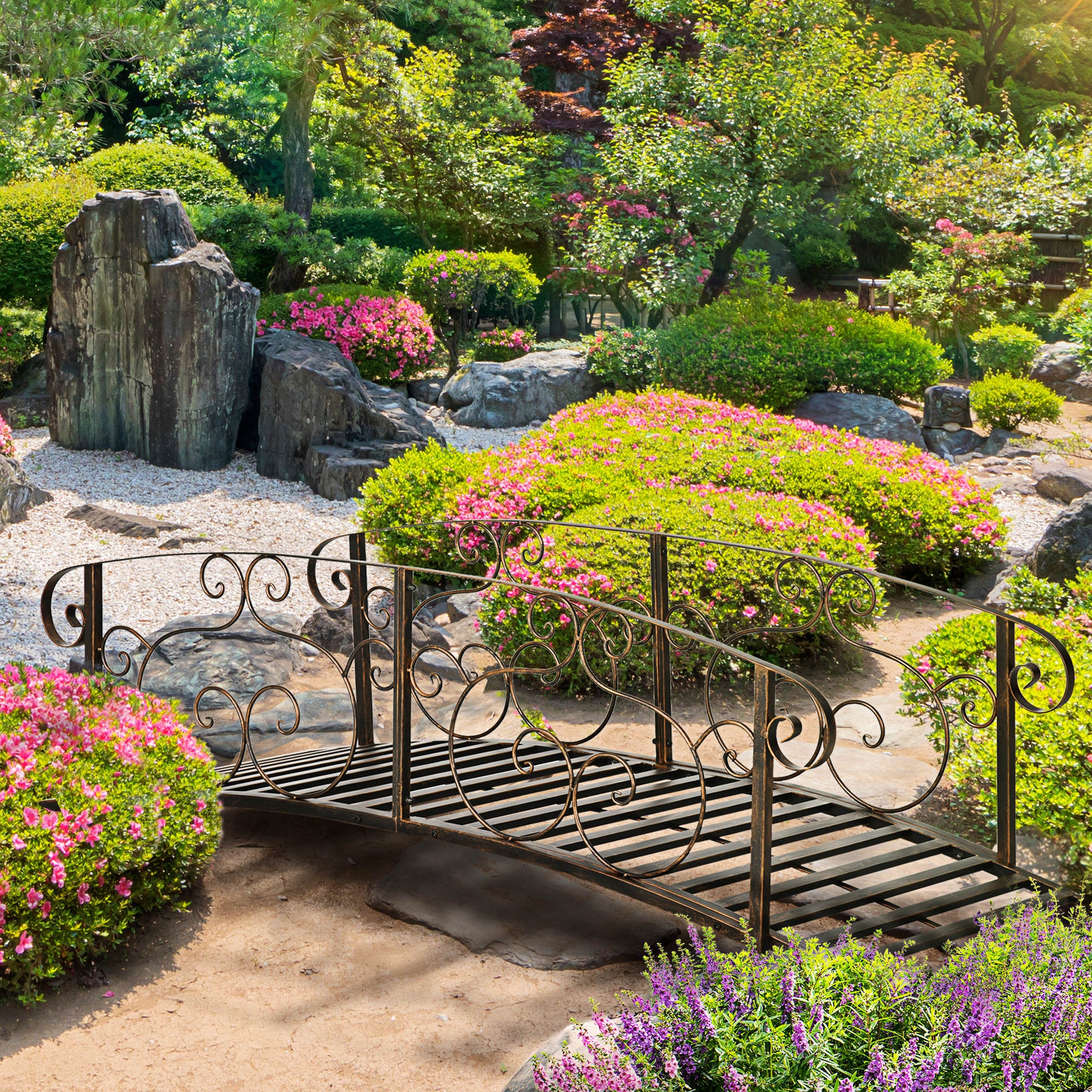 6' Metal Arch Garden Bridge with Safety Siderails, Bronze Footbridge - Image 4
