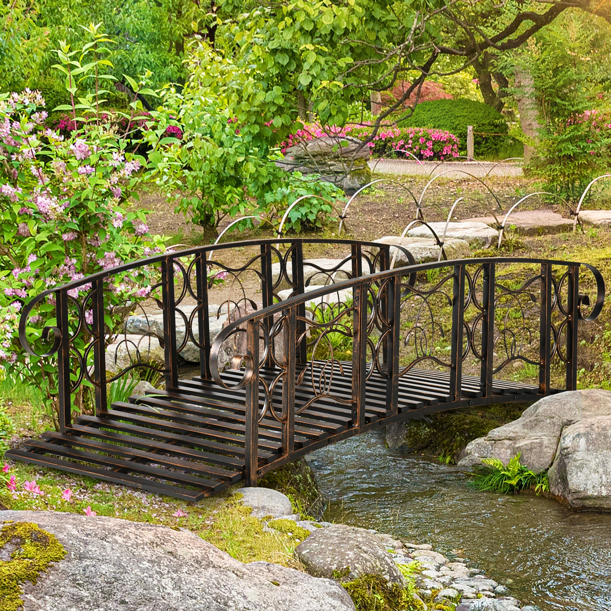 6' Metal Arch Garden Bridge with Safety Rails & 660 lb Capacity, Brown - Image 3