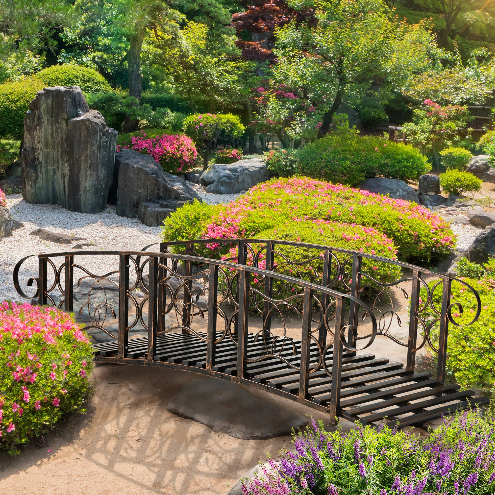 6' Metal Arch Garden Bridge with Safety Rails & 660 lb Capacity, Brown - Image 4