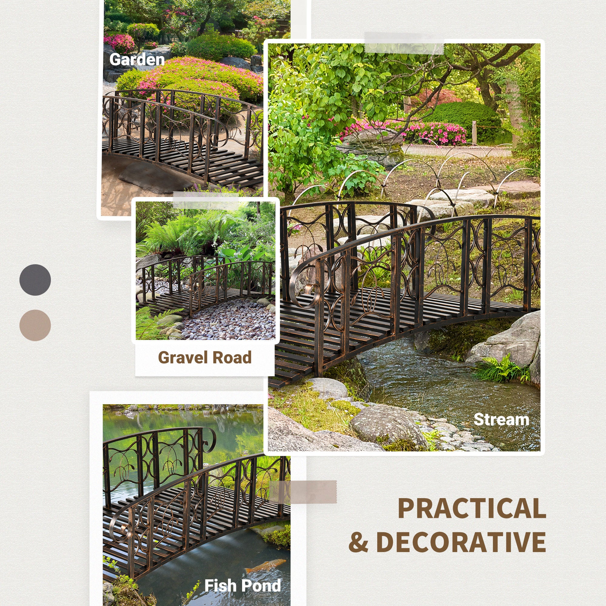 6' Metal Arch Garden Bridge with Safety Rails & 660 lb Capacity, Brown - Image 9