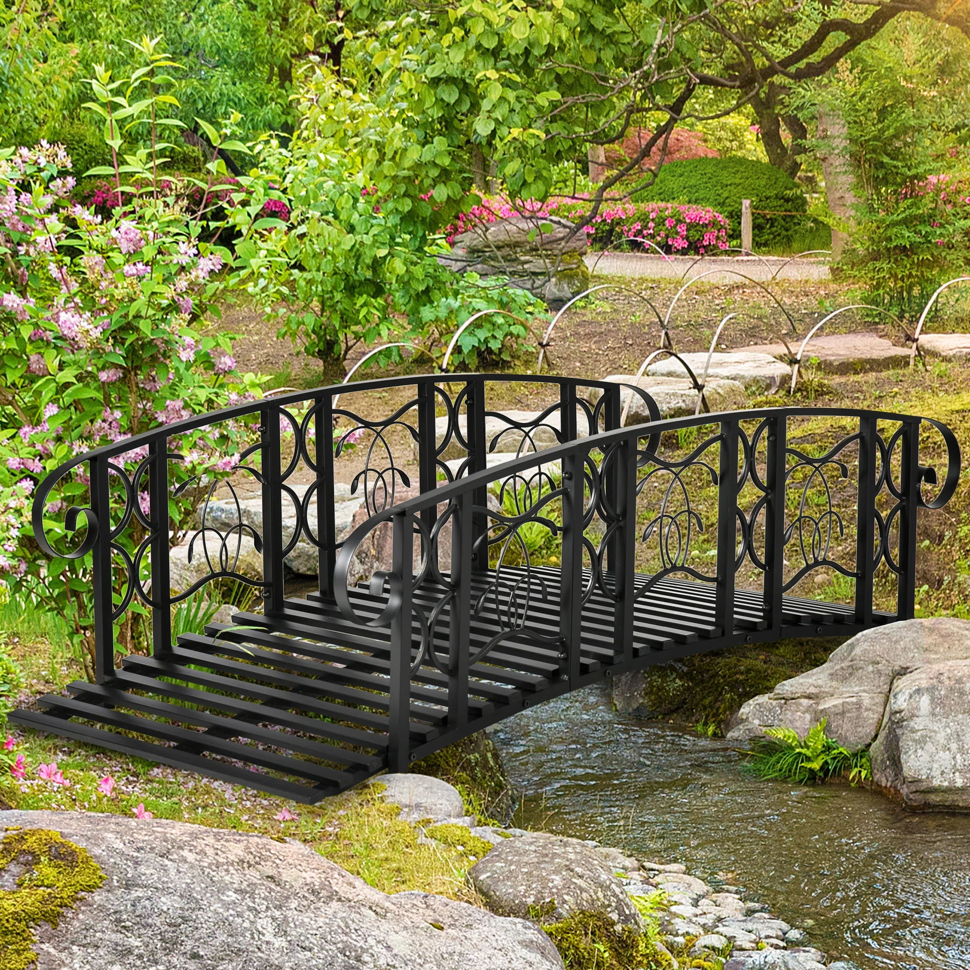 6' Metal Arch Garden Bridge with Safety Rails & Vine Design, 660 lbs Capacity, Black - Image 3