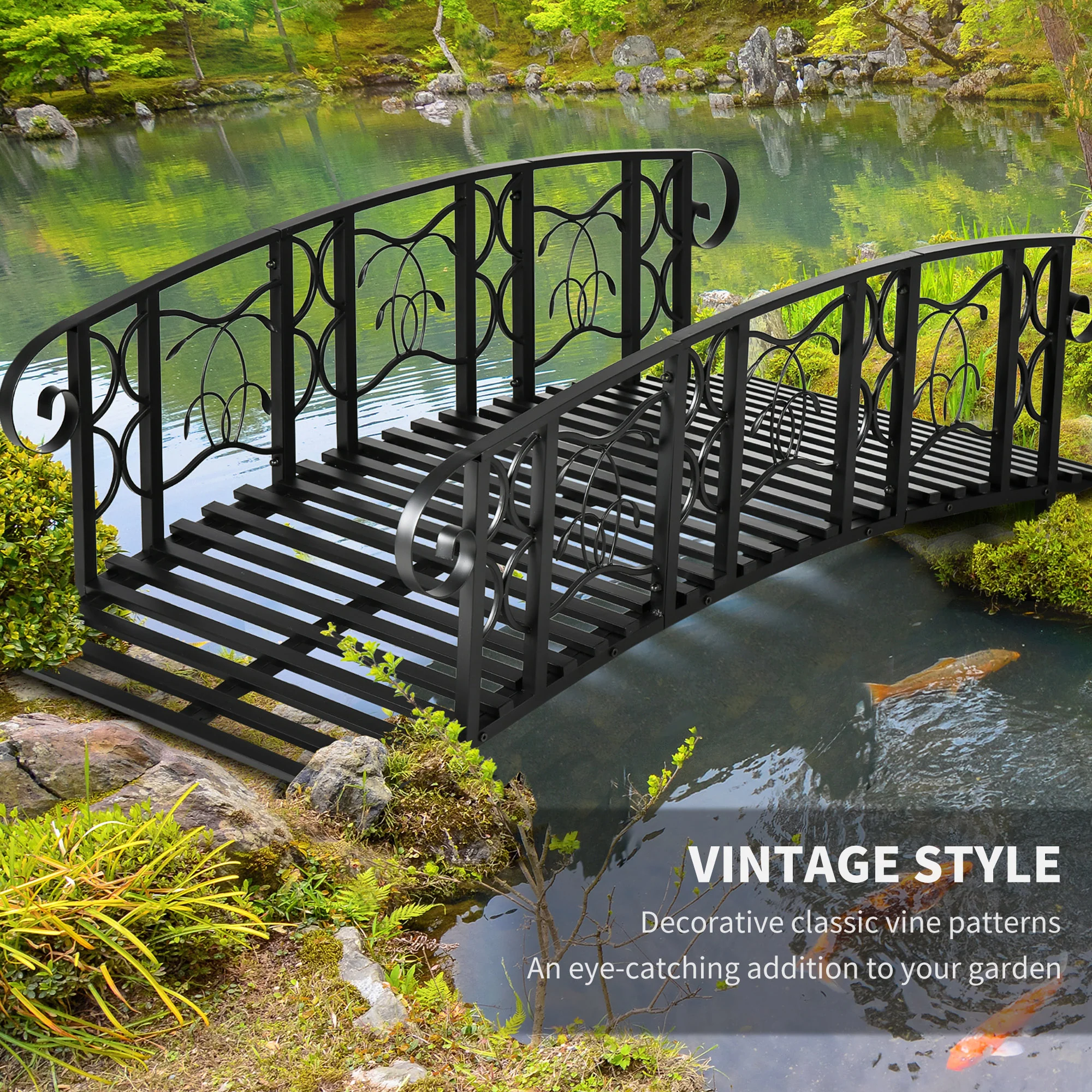 6' Metal Arch Garden Bridge with Safety Rails & Vine Design, 660 lbs Capacity, Black - Image 8