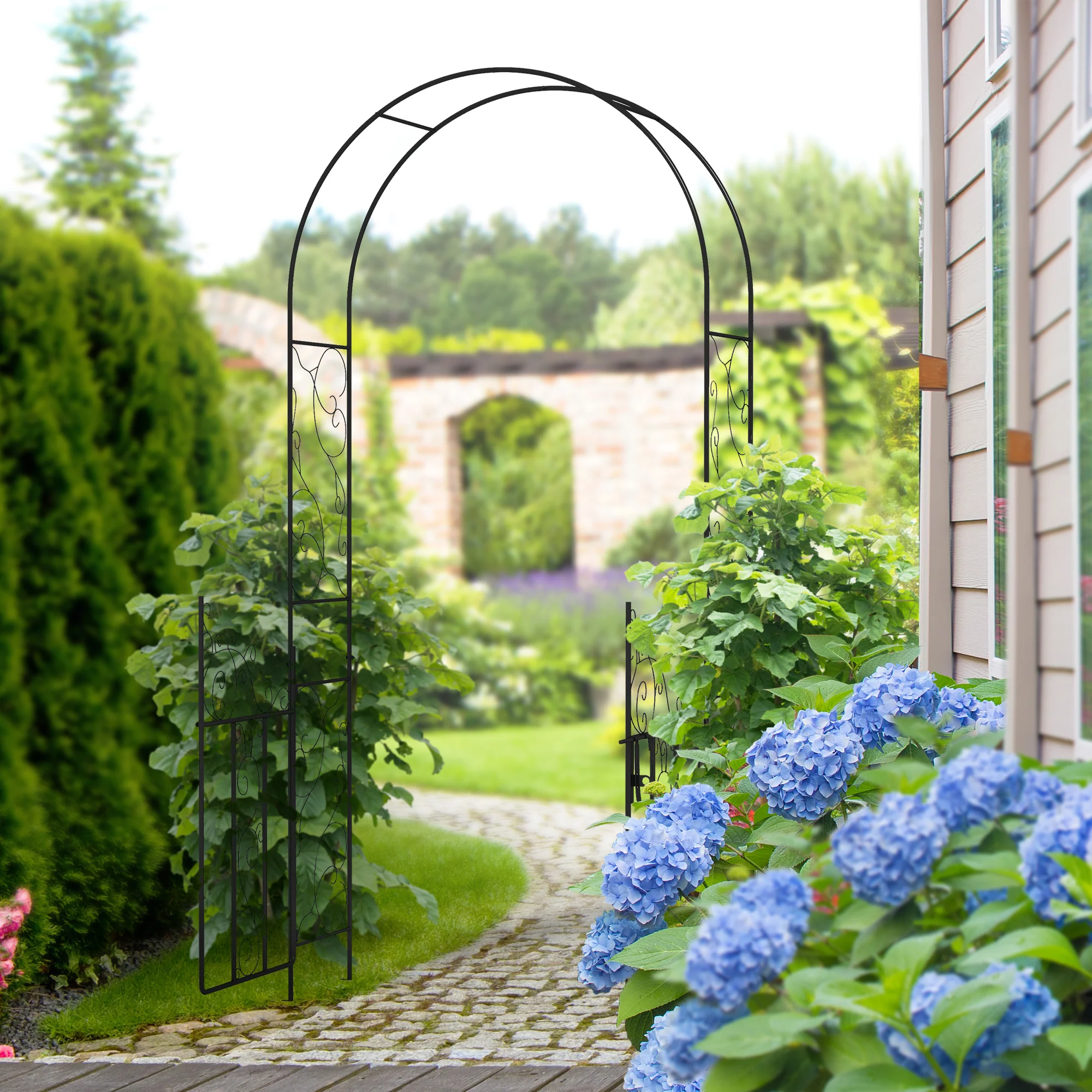 7.5' Metal Garden Arch with Gate for Climbing Plants & Weddings, Black - Image 3