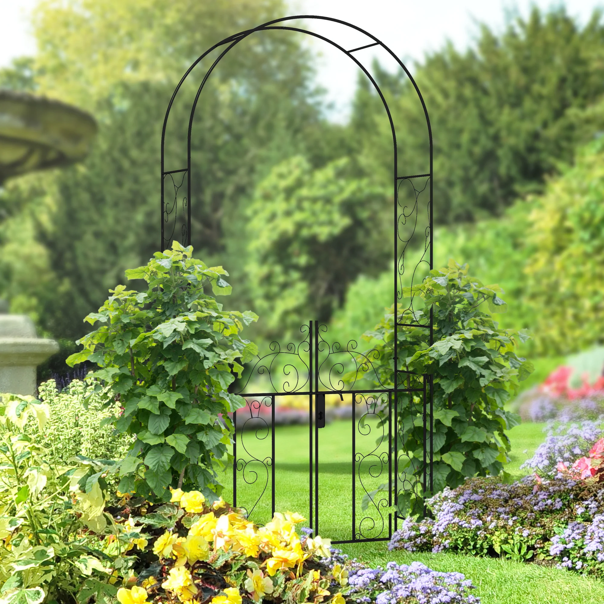 7.5' Metal Garden Arch with Gate for Climbing Plants & Weddings, Black - Image 4