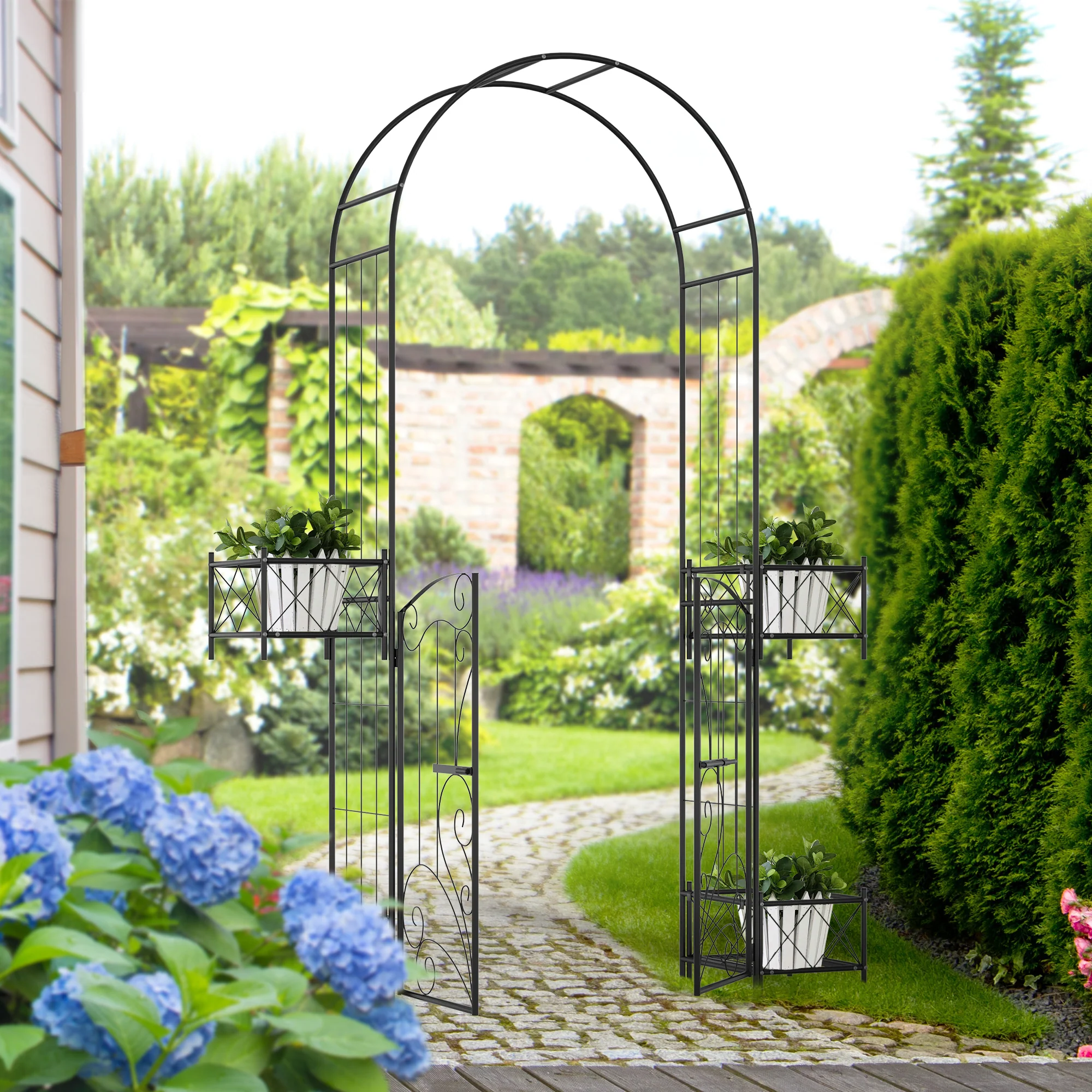 7' Metal Garden Arch Trellis with Gate for Climbing Vines & Weddings, Black - Image 3
