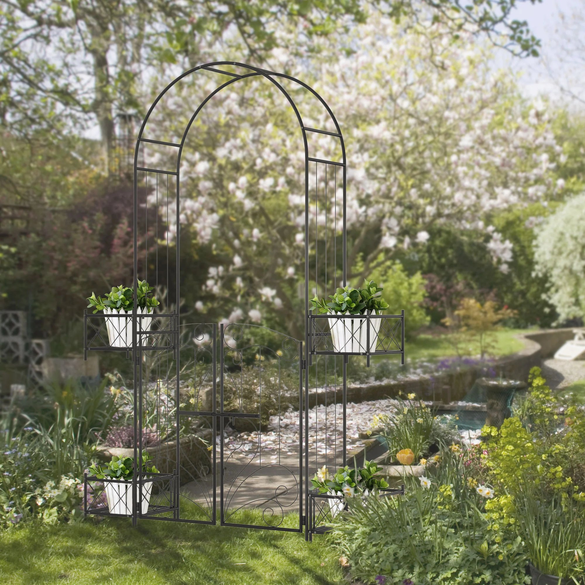 7' Metal Garden Arch Trellis with Gate for Climbing Vines & Weddings, Black - Image 4
