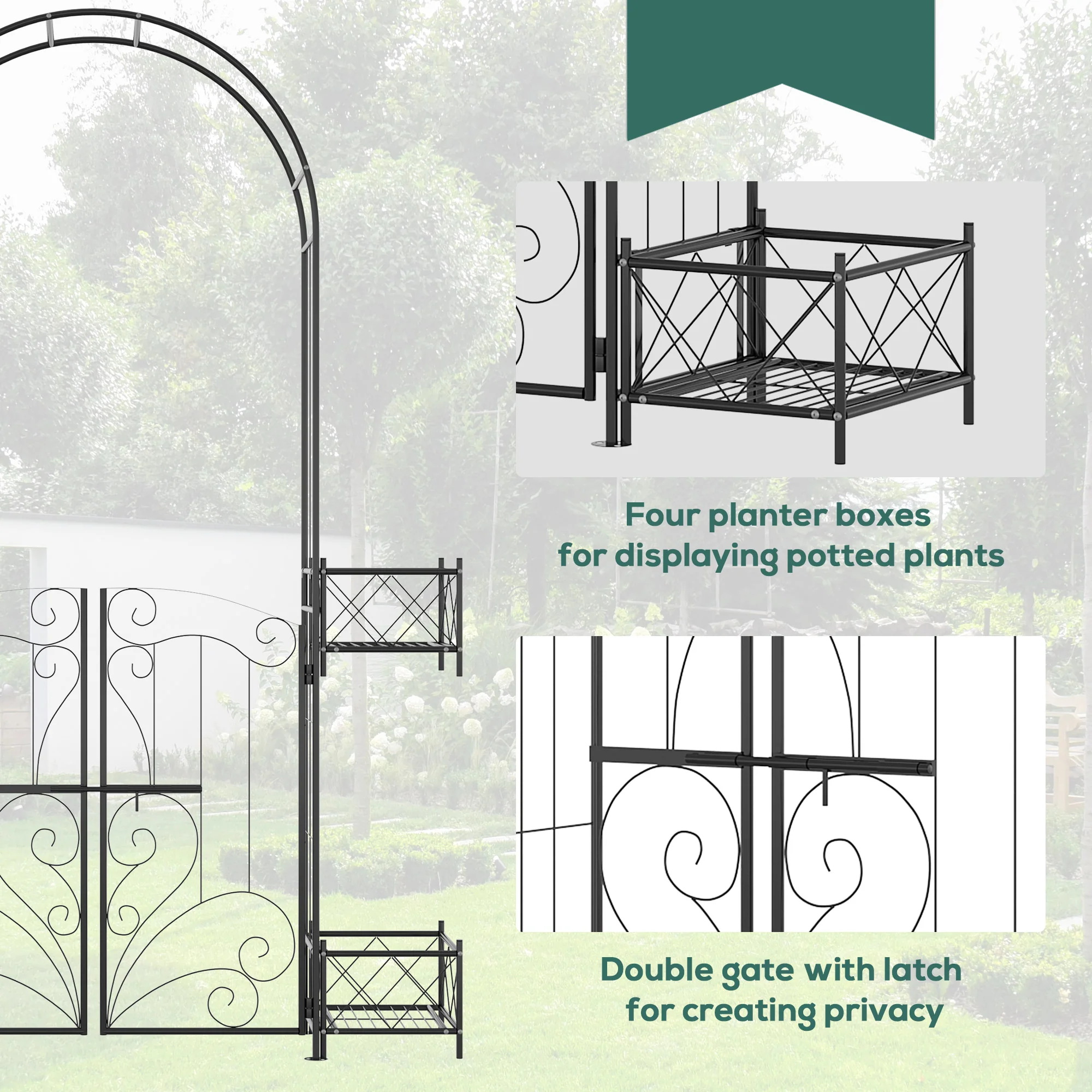 7' Metal Garden Arch Trellis with Gate for Climbing Vines & Weddings, Black - Image 7