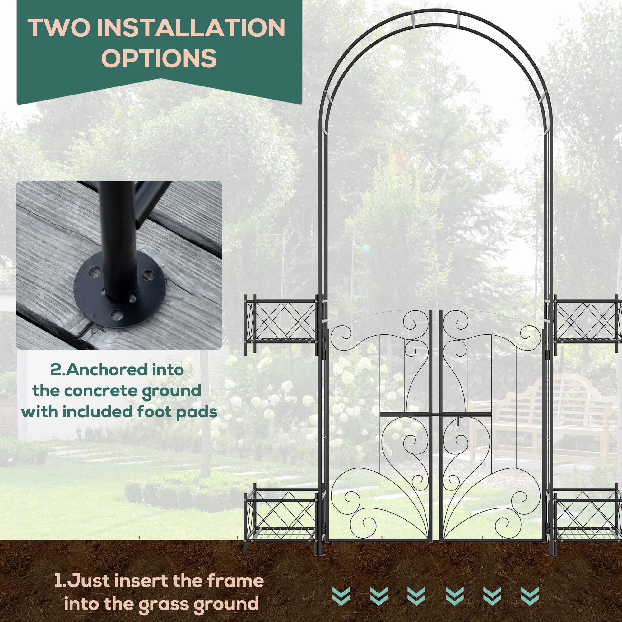 7' Metal Garden Arch Trellis with Gate for Climbing Vines & Weddings, Black - Image 9
