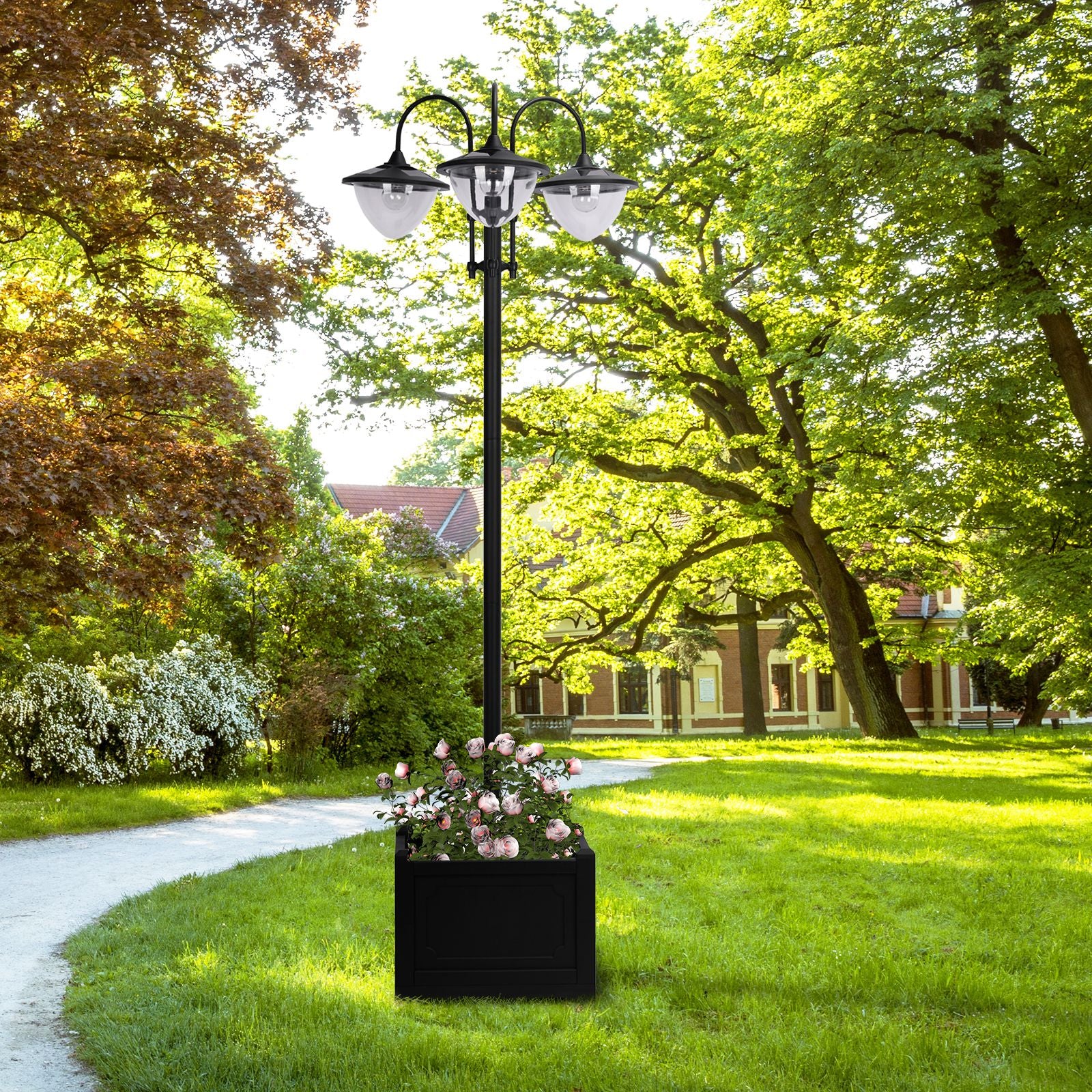 74.5" 3-Head Solar Street Light Post with Planter, Auto-On, 6Hr, Black - Image 3