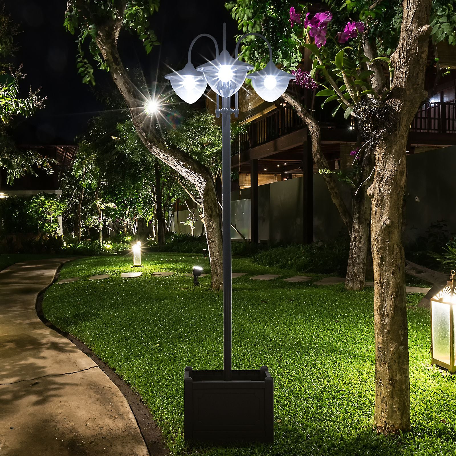 74.5" 3-Head Solar Street Light Post with Planter, Auto-On, 6Hr, Black - Image 4