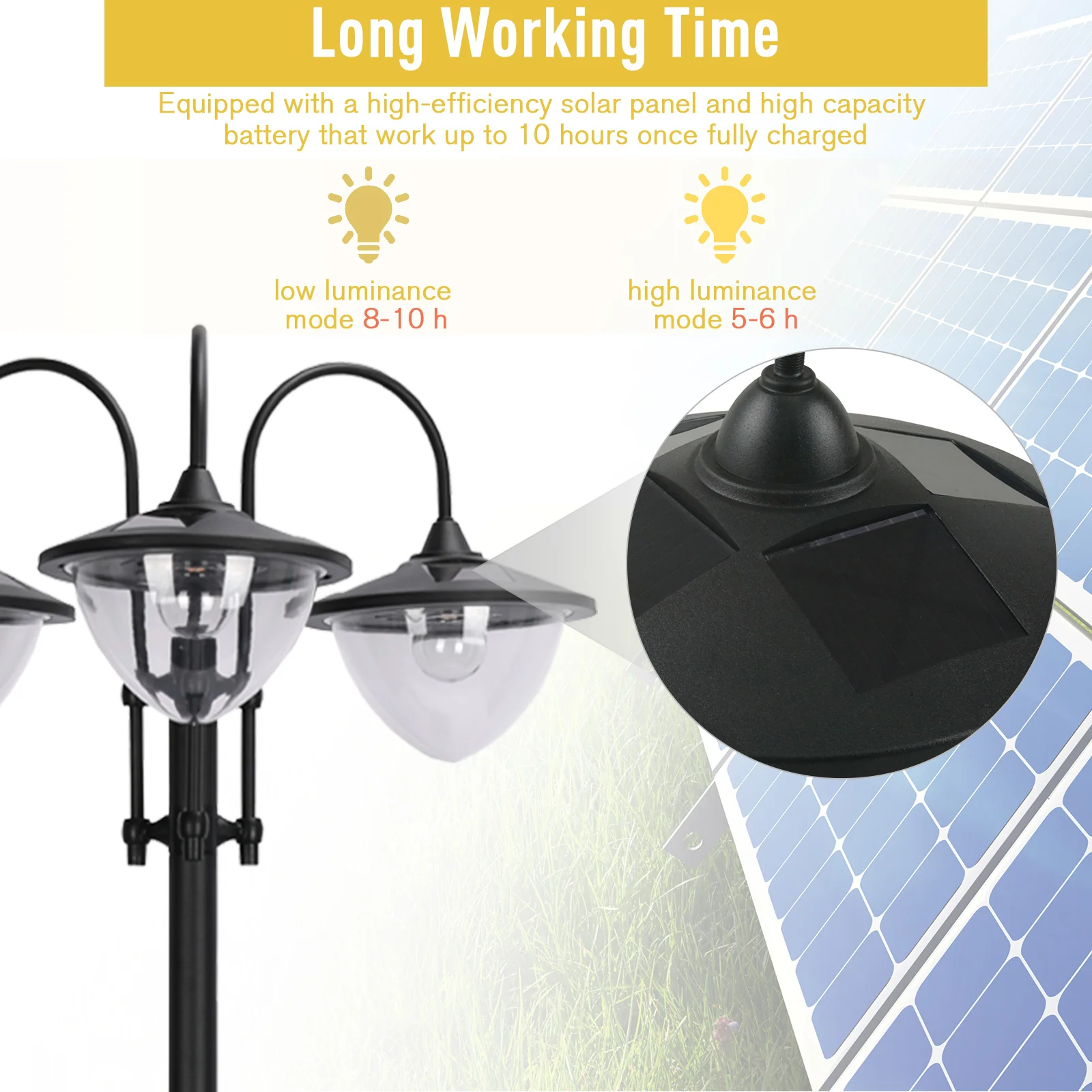 74.5" 3-Head Solar Street Light Post with Planter, Auto-On, 6Hr, Black - Image 6
