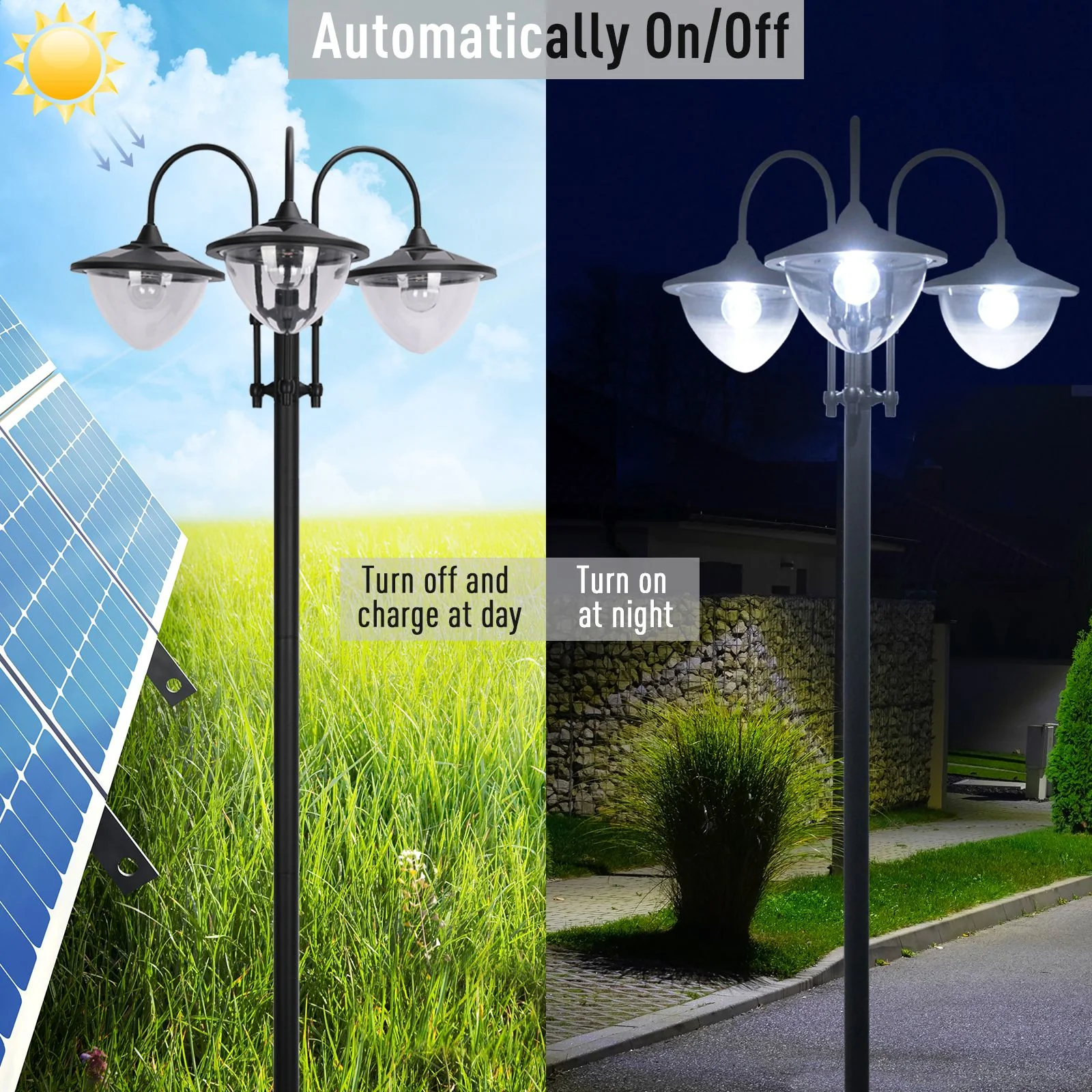 74.5" 3-Head Solar Street Light Post with Planter, Auto-On, 6Hr, Black - Image 7