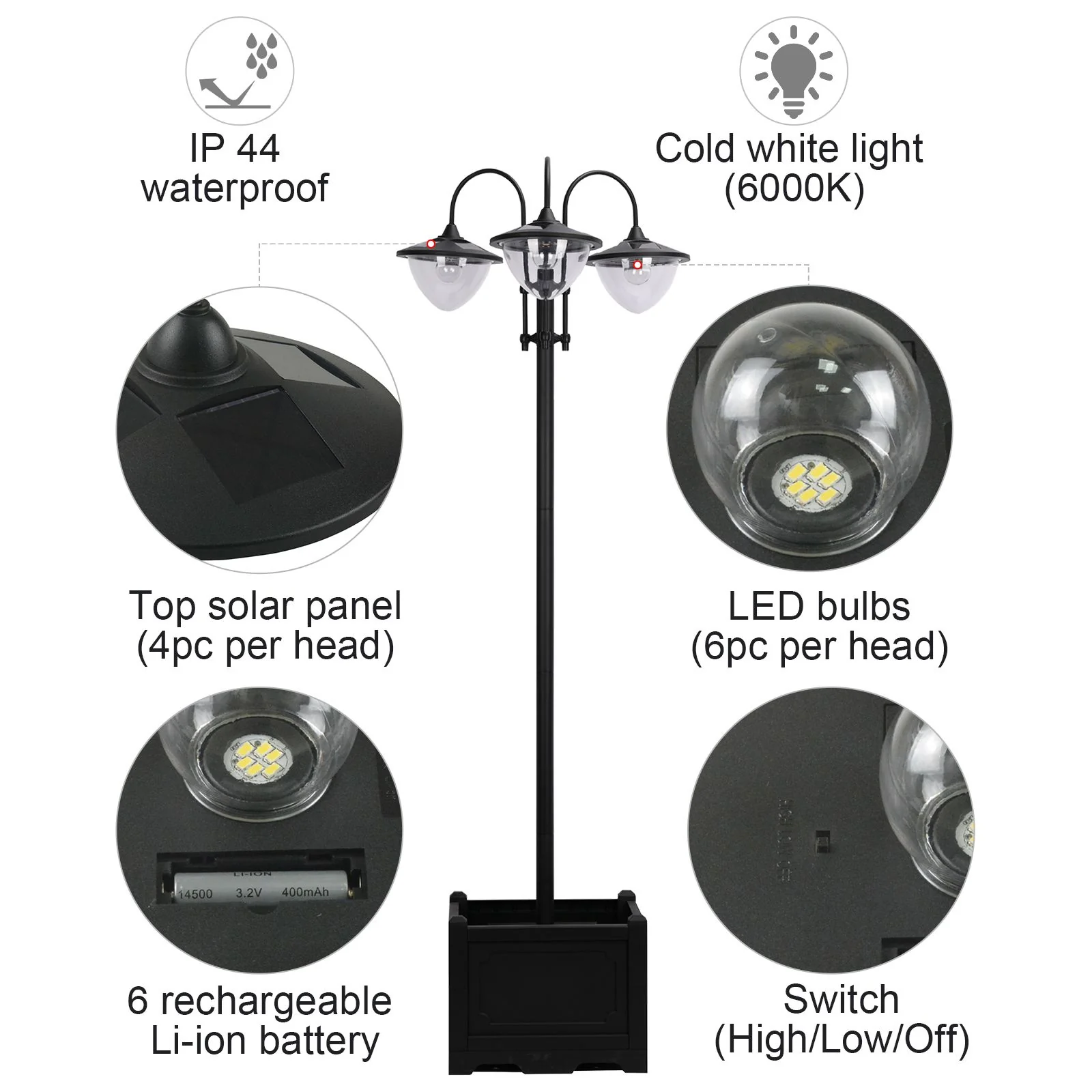74.5" 3-Head Solar Street Light Post with Planter, Auto-On, 6Hr, Black - Image 8